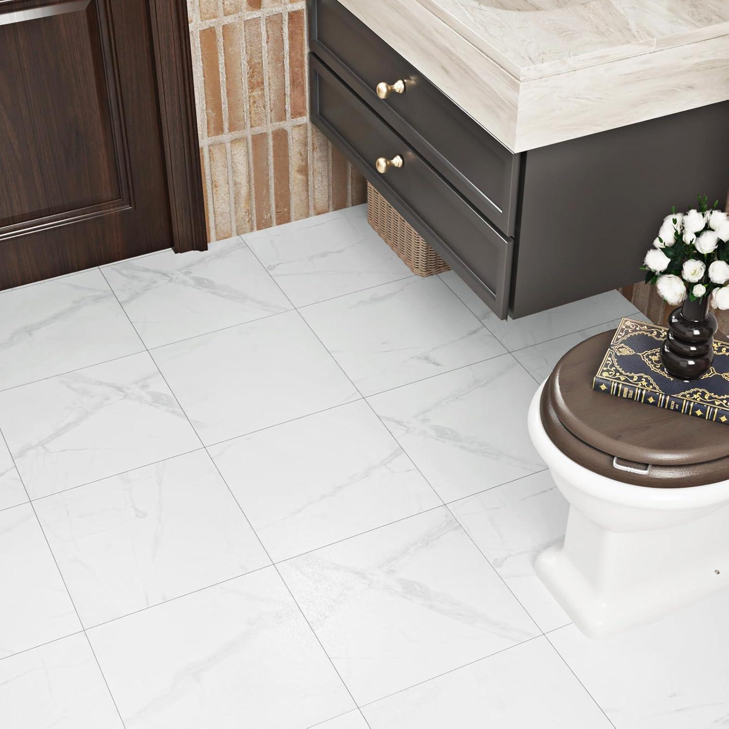 WESTICK Marble White Peel and Stick Floor Tile Waterproof Vinyl Tiles Peel and Stick Floor 12" x 12" Removable Self Adhesive Flooring Tiles for Bathroom Bedroom Kitchen Flooring Living Room Gym 5 PCS