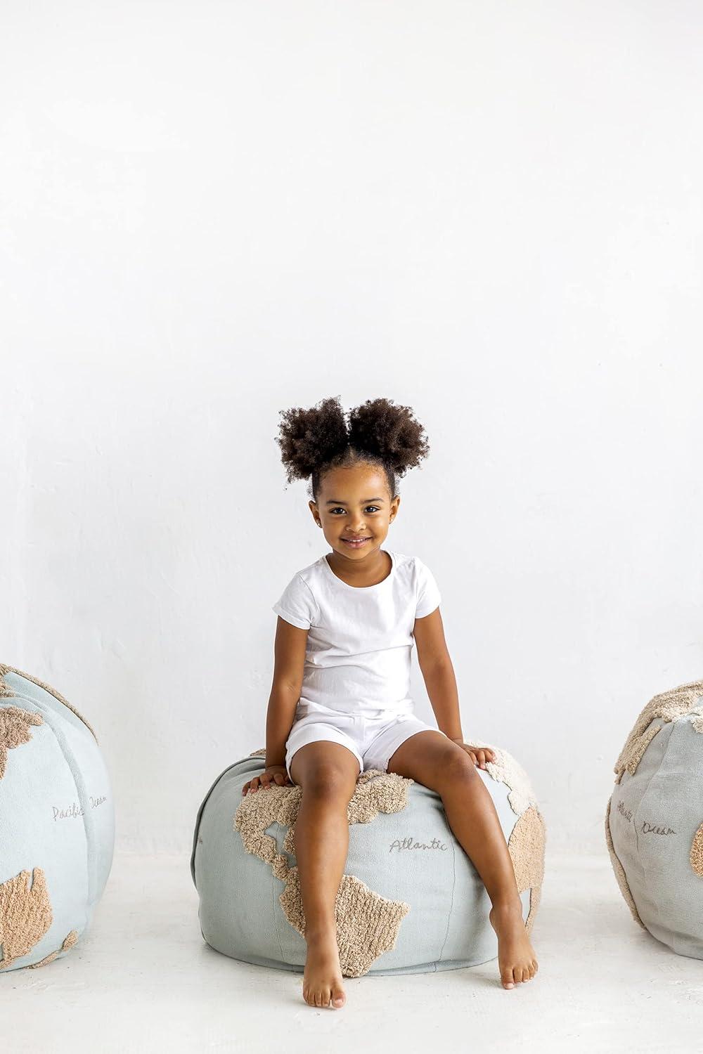 Globe Explorer Tufted Round Pouf in Light Blue and Natural Tones