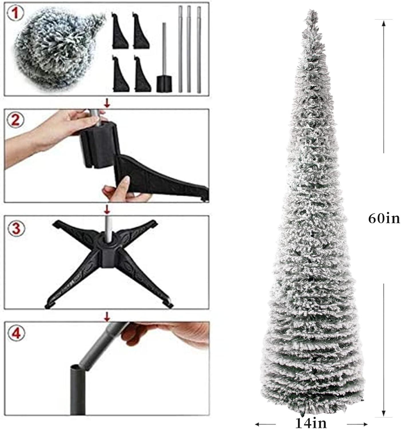 Ayieyill 5FT Pop up Christmas Tree, Snow Flocked Collapsible Christmas Tree White Flocked Pencil Pine Tree for Holiday Christmas Decorations Indoor Outdoor