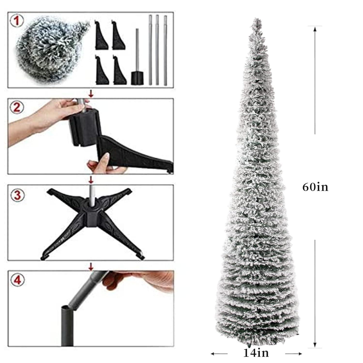 Ayieyill 5FT Pop up Christmas Tree, Snow Flocked Collapsible Christmas Tree White Flocked Pencil Pine Tree for Holiday Christmas Decorations Indoor Outdoor