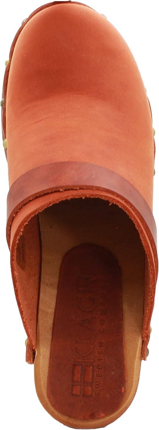 Terracotta Genuine Leather Mid-Heel Clogs with Wood Outsole