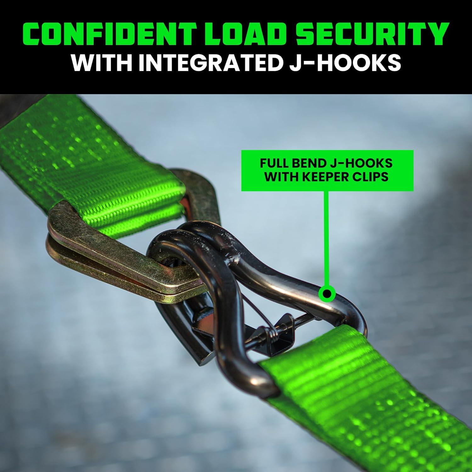 Rhino USA Car Tie Down Straps for Trailers w/ J Hooks - 2" x 8' (10,000lb Break Strength) 4pc Green