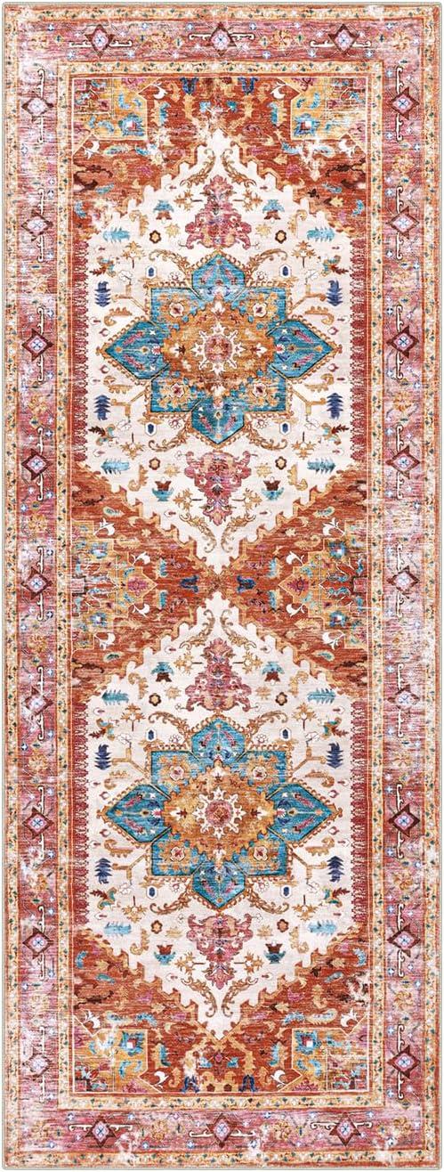 Hasoo 2' x 6' Hallway Runner Rug Vintage Persian Rug Soft Medallion Print Rug Retro Distressed Mat for Laundry Room Kitchen, Pink/Blue