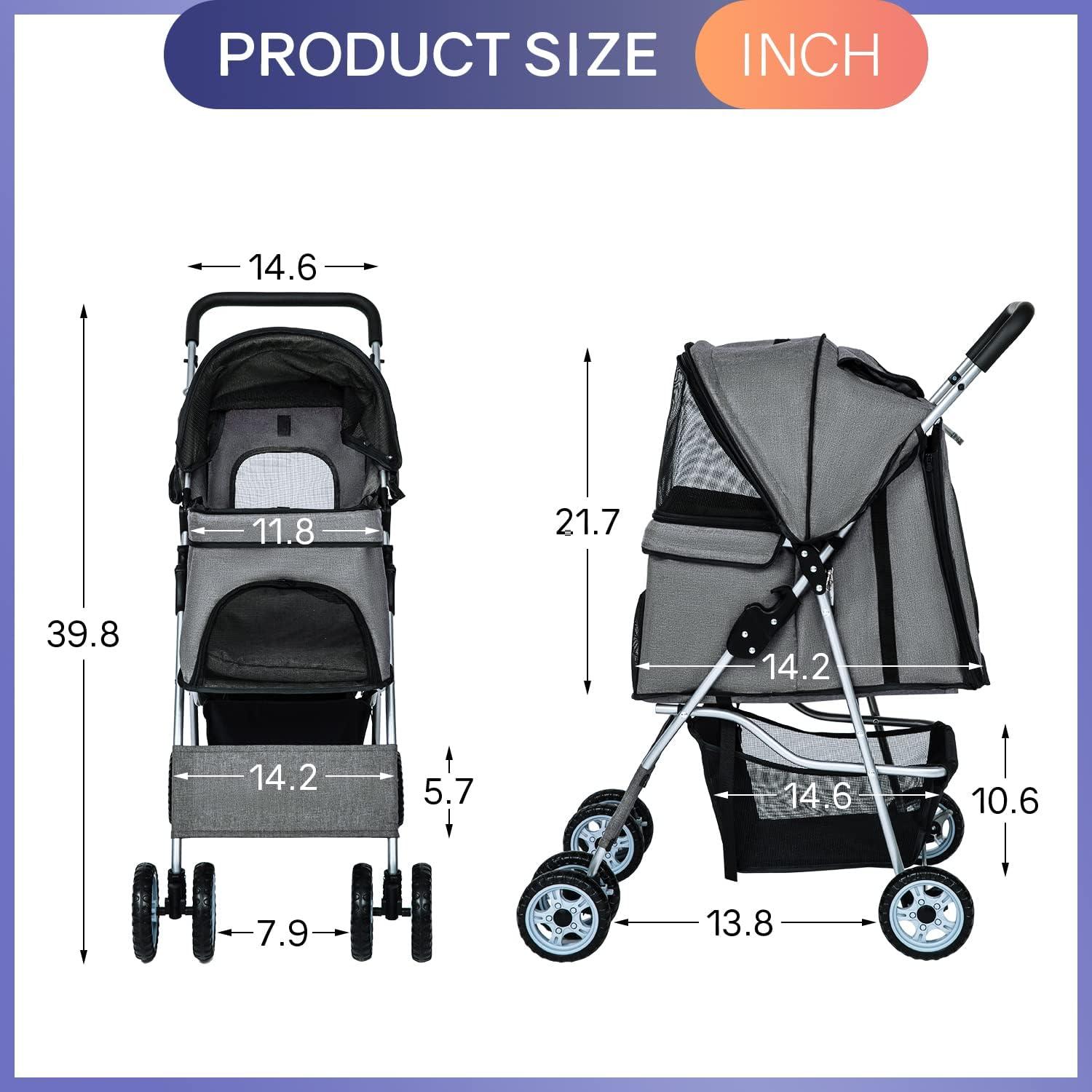 CL.HPAHKL 4 Wheels Pet Stroller, Dog Cat Jogger Stroller for Medium Small Dogs Cats Folding Lightweight Travel Stroller with Cup Holder, Gray