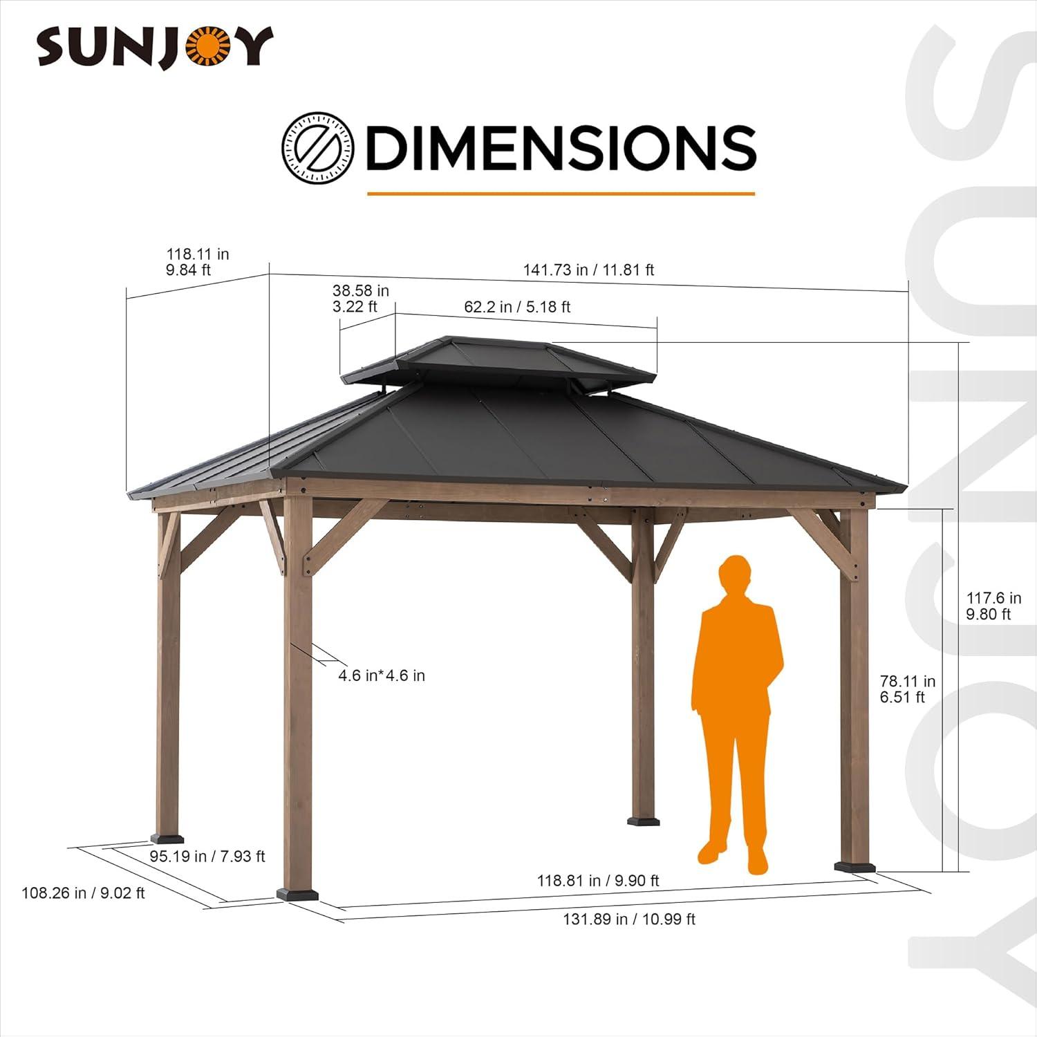 Sunjoy 10 x 12 ft. Cedar Wood Gazebo with Dark Brown Steel Roof