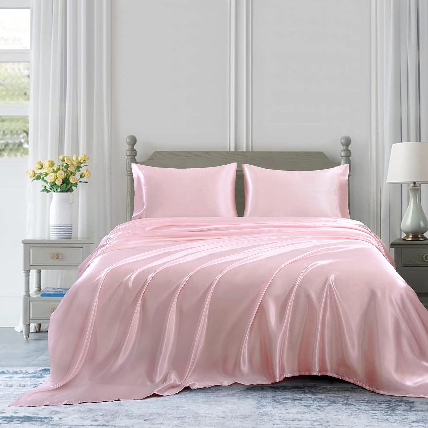 Blush Pink Queen Satin Deep Pocket Bed Sheet Set