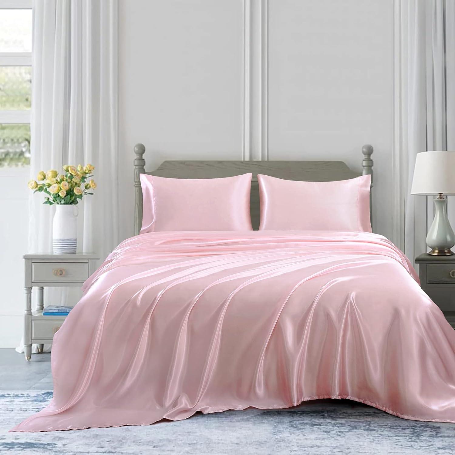 Homiest 4pcs Satin Sheets Set Luxury Silky Satin Bedding Set with Deep Pocket, 1 Fitted Sheet + 1 Flat Sheet + 2 Pillowcases (Queen Size, Blush Pink)