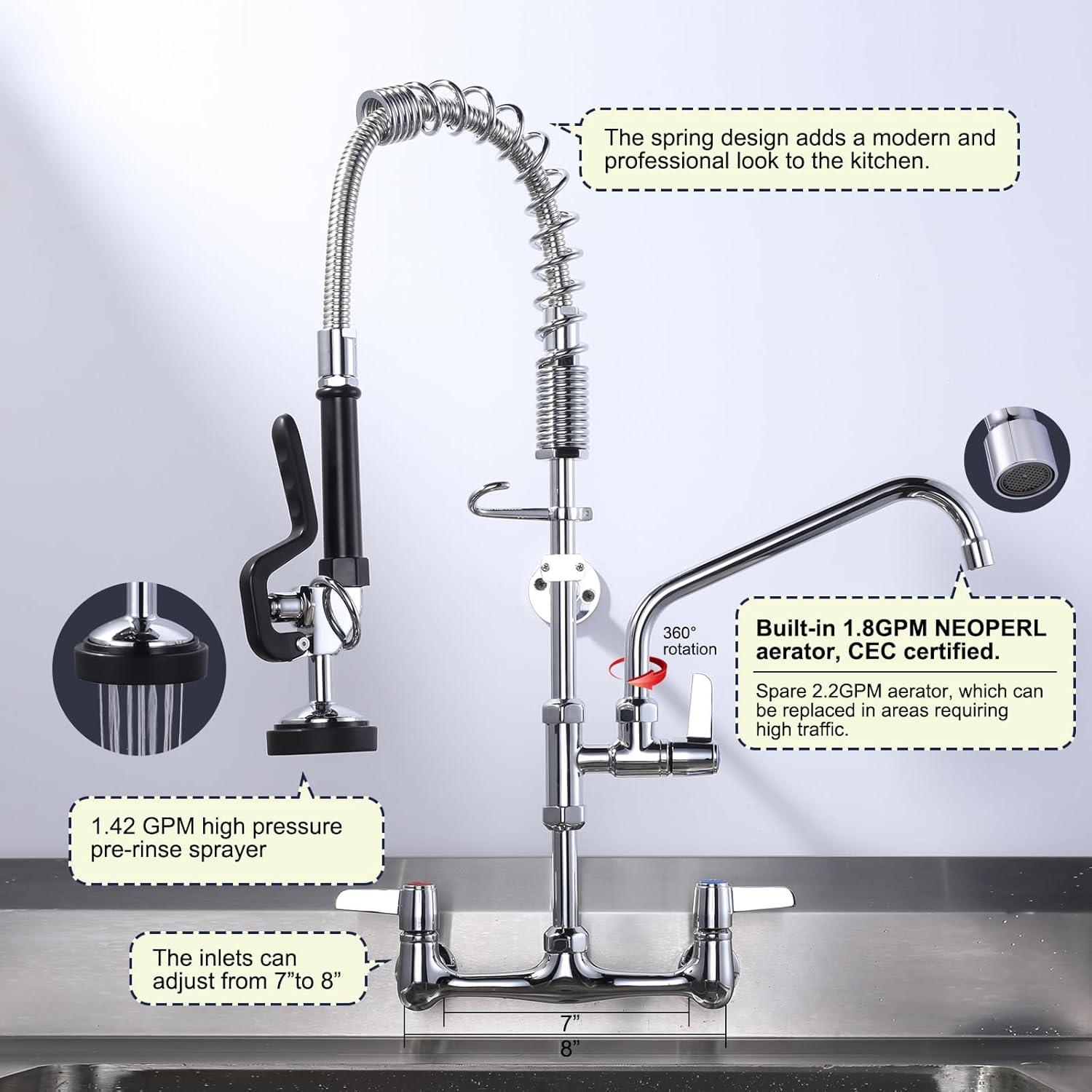 Commercial Kitchen Sink Faucet with Pull Down Sprayer, Pre-Rinse Wall Mount Faucet Chrome Commercial Kitchen Faucets with Sprayer 25" Height Water Faucets with 9.6" Add-on Swing Spout for Restaurant