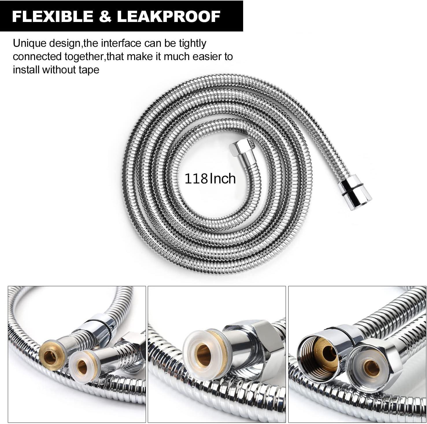 Shower Hose Extra Long 118 Inches Chrome Handheld Shower Head Hose with Brass Insert and Nut - Lightweight and Flexible