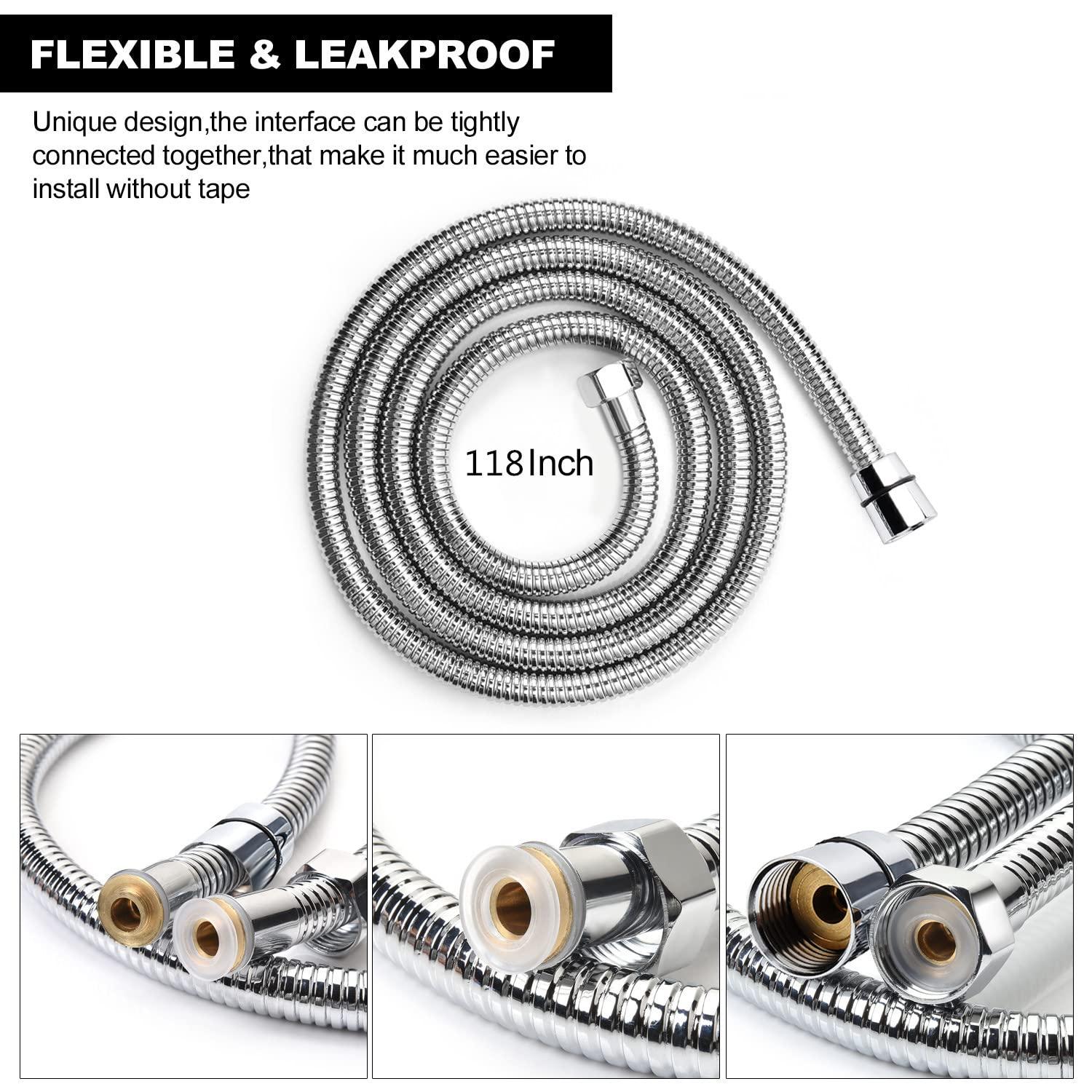 Shower Hose Extra Long 118 Inches Chrome Handheld Shower Head Hose with Brass Insert and Nut - Lightweight and Flexible