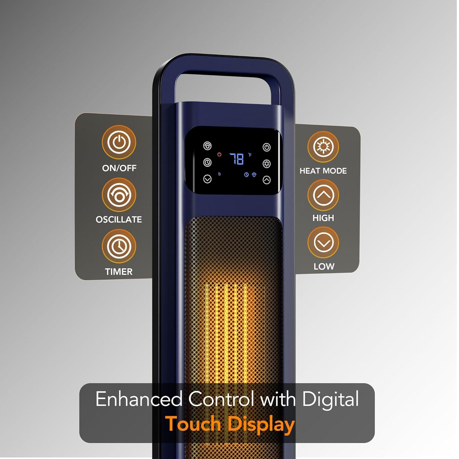 Comfort Zone 26" Oscillating Digital Tower Heater with Remote Control for Indoor Use, Adjustable Thermostat, Timer, Overheat Protection, Tip-Over Switch, Ideal for Home, Bedroom, & Office, HT1206-NVY