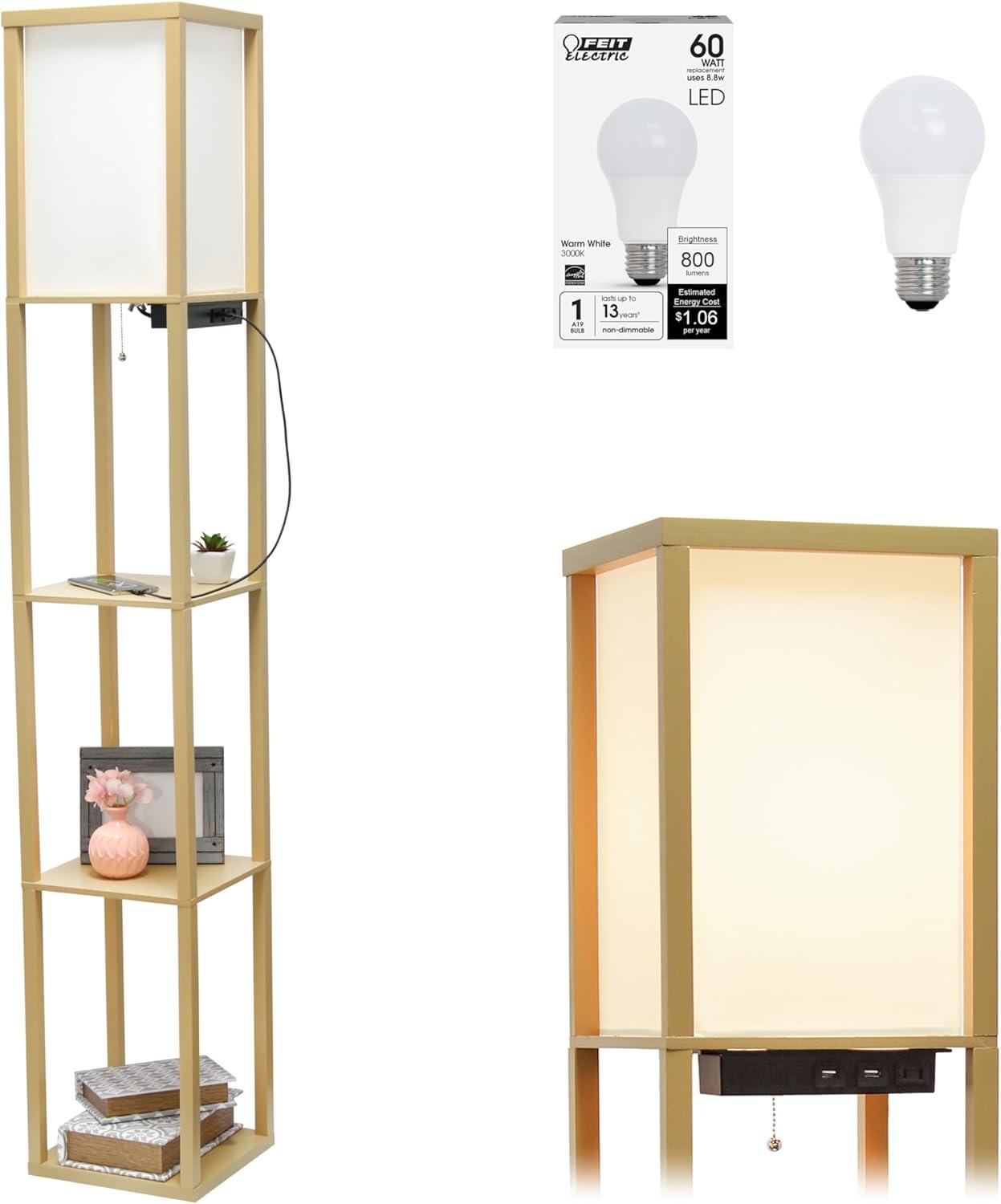 Floor Lamp Etagere Organizer Storage Shelf with 2 USB Charging Ports and Linen Shade - Simple Designs