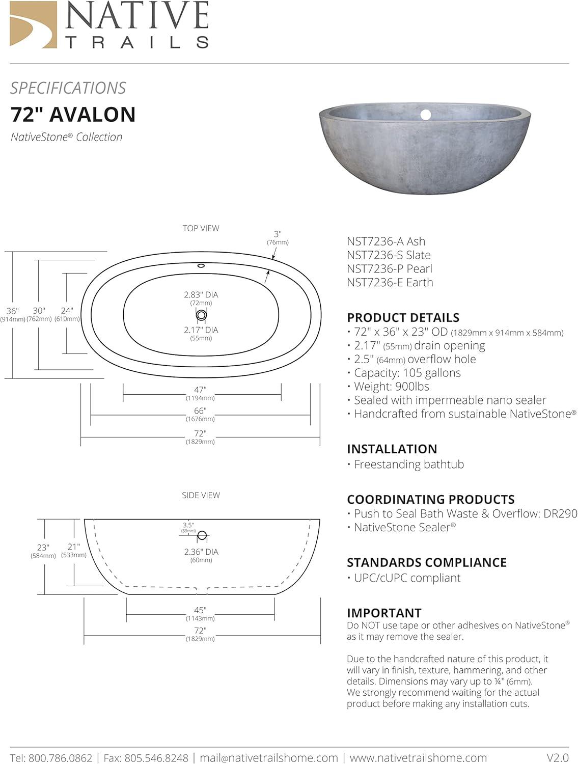 Holas 72" Handcrafted Freestanding Concrete Bathtub