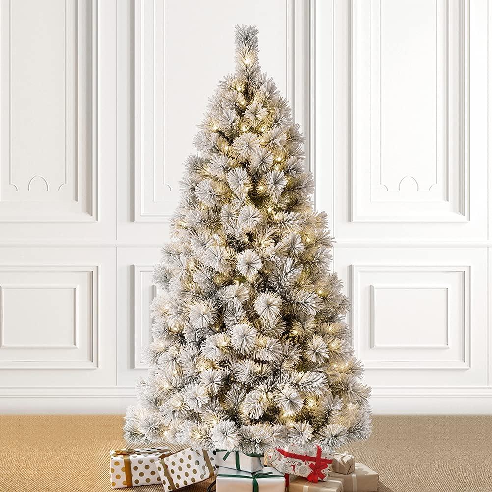 Glitzhome 6ft Pre-Lit Flocked Pencil Pine Artificial Christmas Tree with 300 Warm White Lights