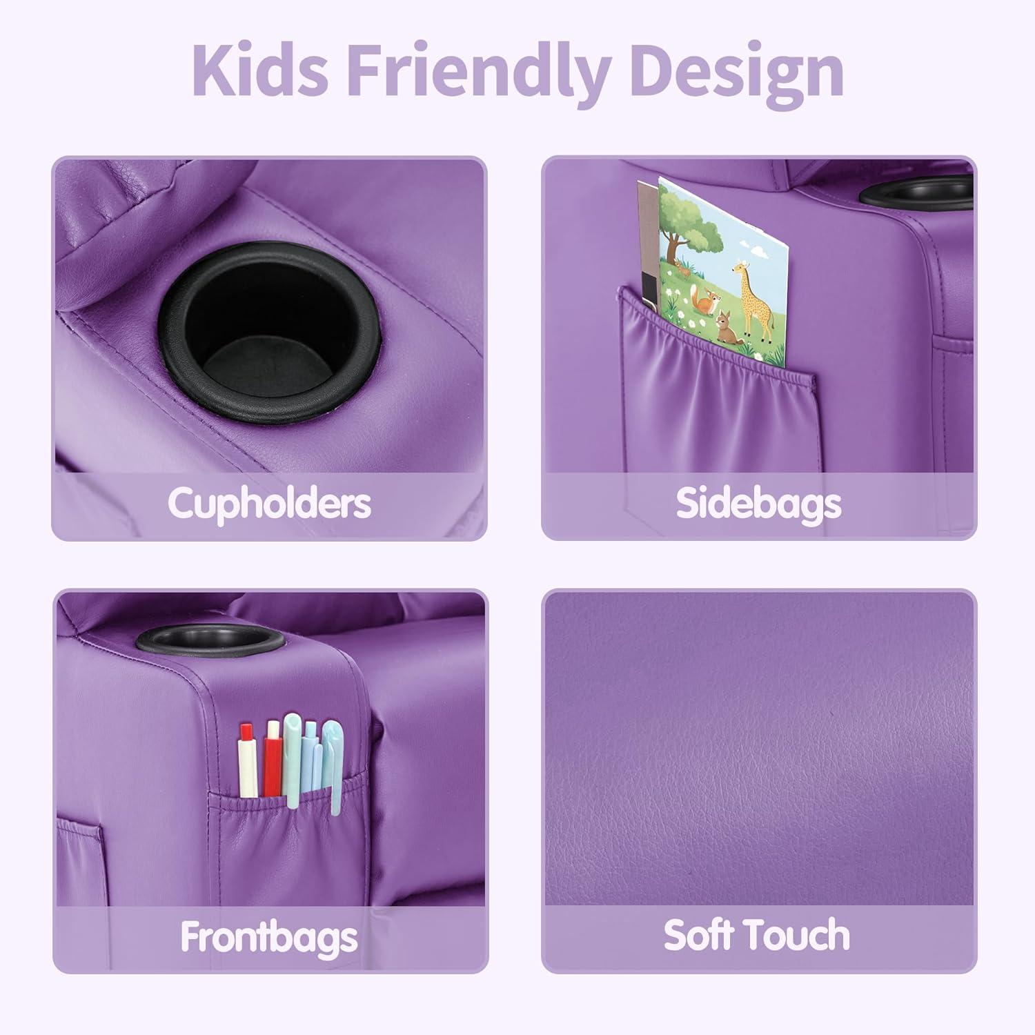MCombo Big Kids Recliner Chair with Cup Holders for Toddler Boys and Girls, 2 Side Pockets, 3+ Age Group, Faux Leather 7322 Violet