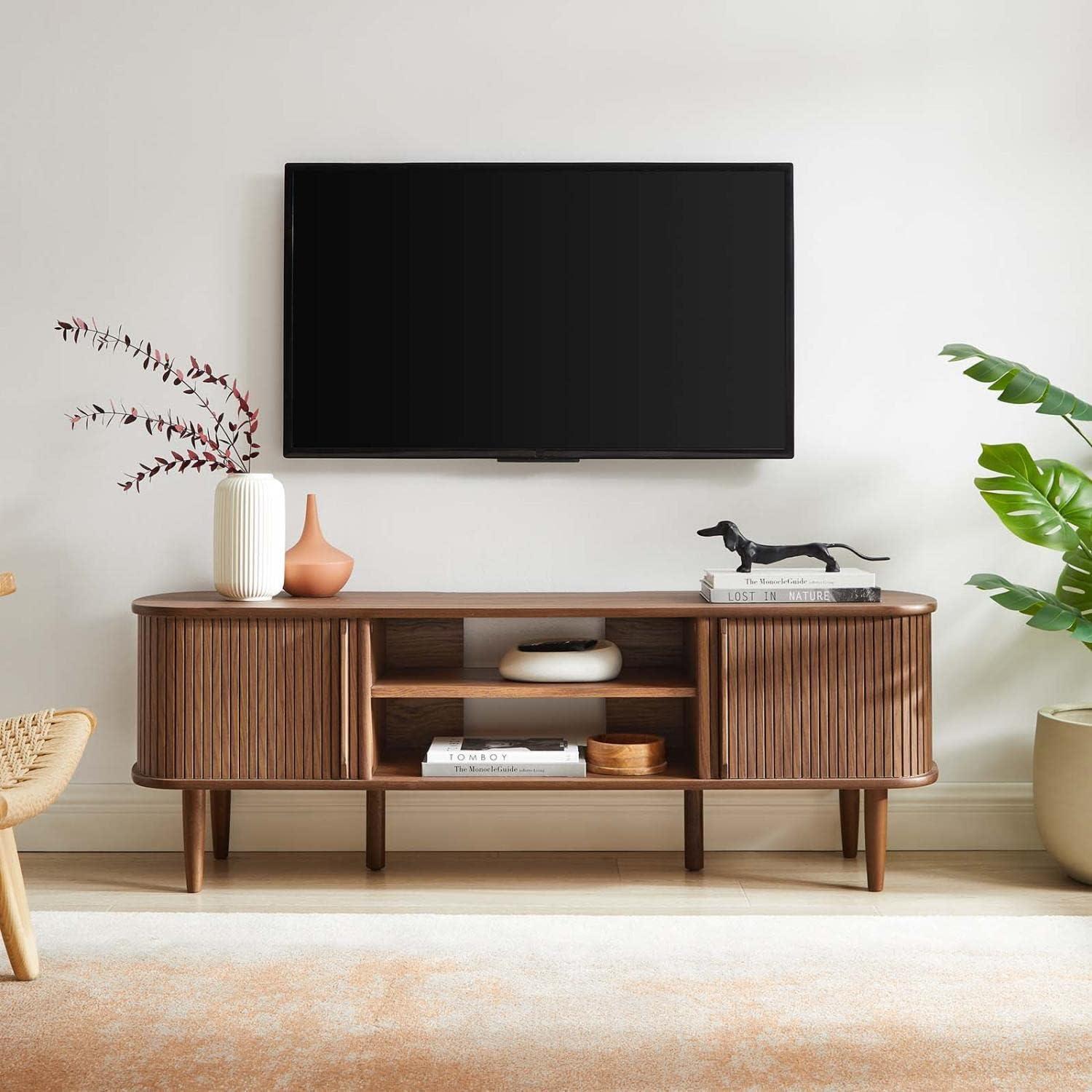 Mid-Century Walnut 55" TV Stand with Adjustable Shelf and Sliding Doors