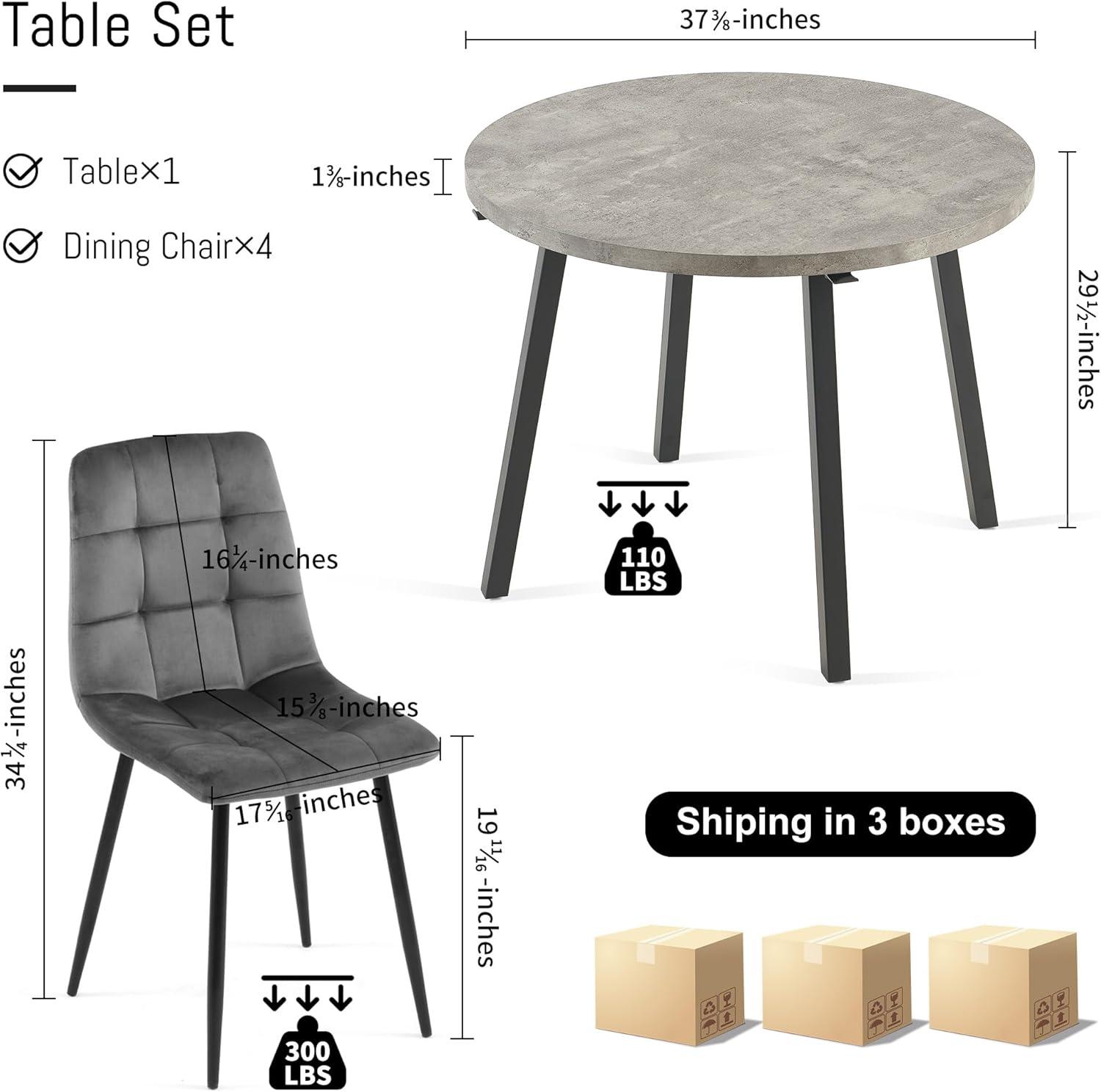 HAOYUN 4-Person Round Dining Table Set for Small Spaces, Industrial Style 37.4 Dia Grey Engineered Wood Kitchen Table with PU Dining Side Chairs, Dark Grey