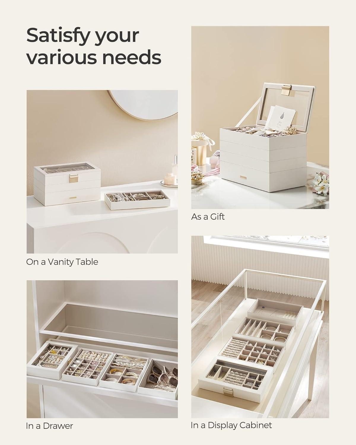 Latitude Run® Stackable Jewelry Trays, 4-Tier Jewelry Box, Drawer Jewelry Organizer, With Glass Lid, Removable Dividers, For Vanity Table, 6.7 X 11 X 7.2 Inches, Cloud White