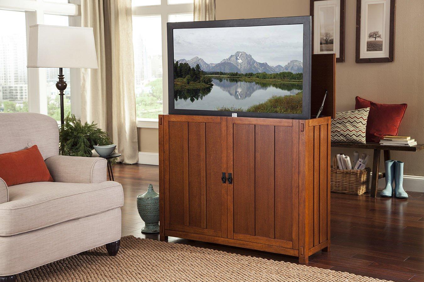 Black Oak TV Lift Cabinet with Metal Handles