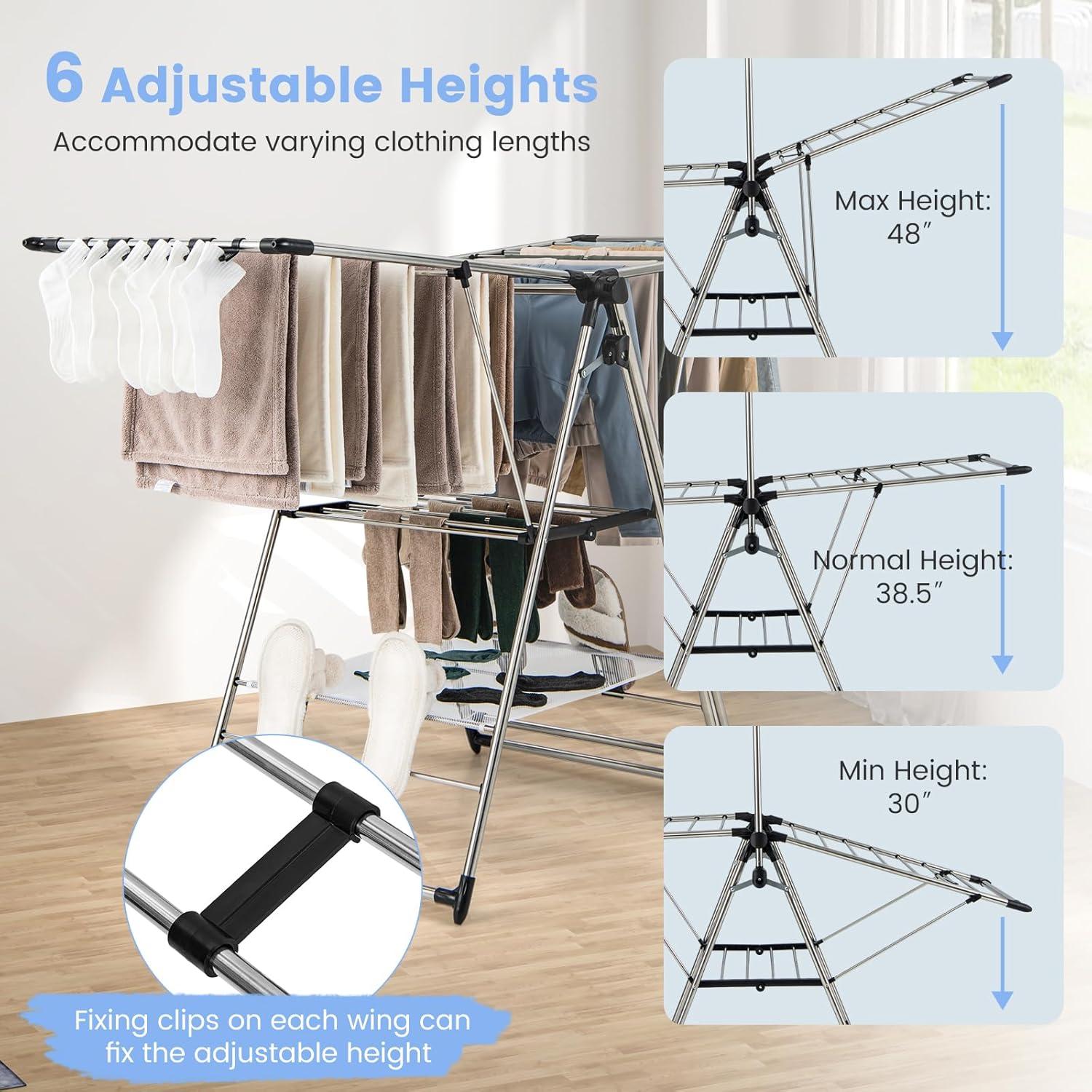 Topbuy Clothes Drying Rack Aluminum Gullwing Style Rack with 6-Level Adjustable Height High Hanger Design Side Clips