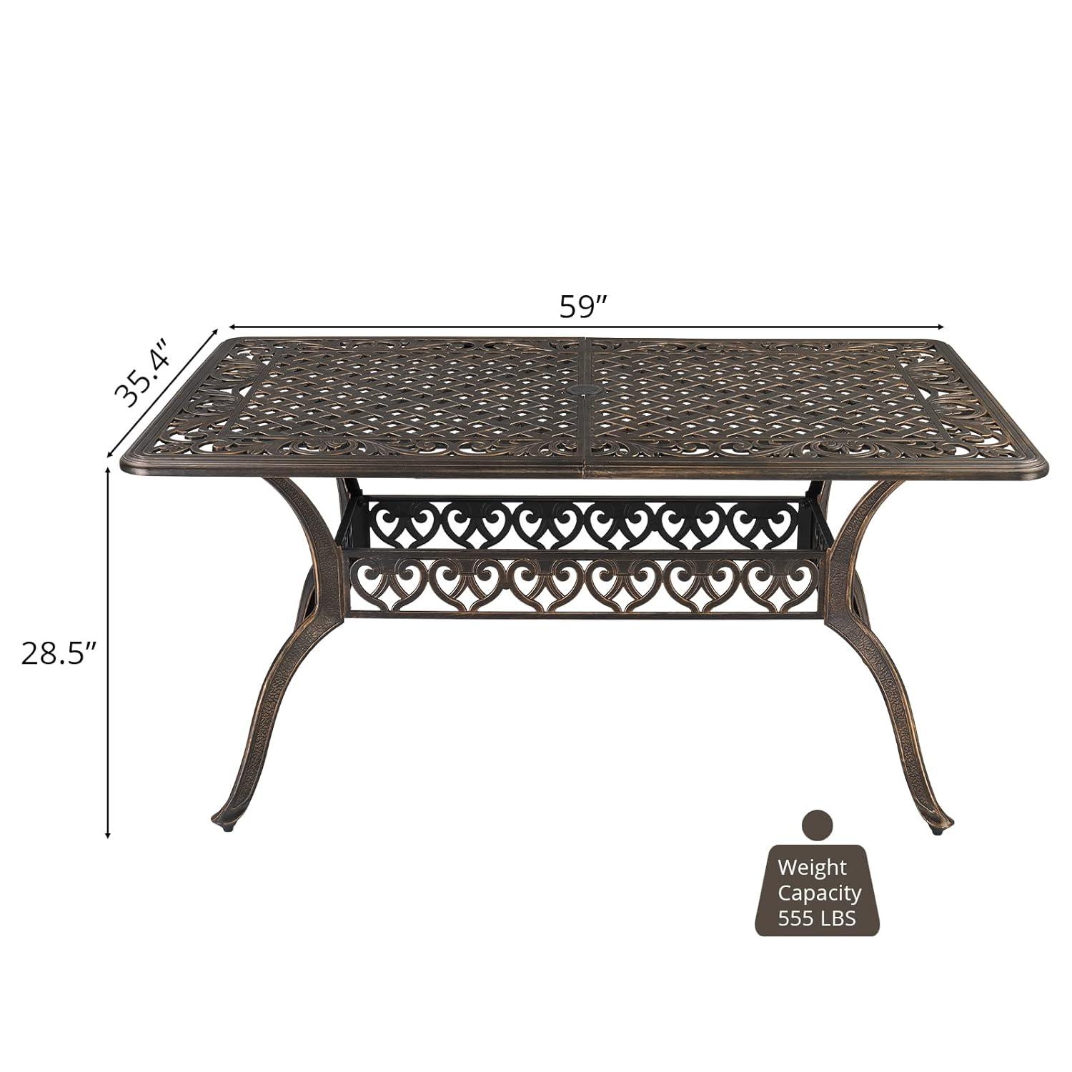 Outvita 59inch Patio Dinning Table, Outdoor Cast Aluminum Large Rectangle Table with Umbrella Hole and Antique Design for Backyard Pool Balcony Deck