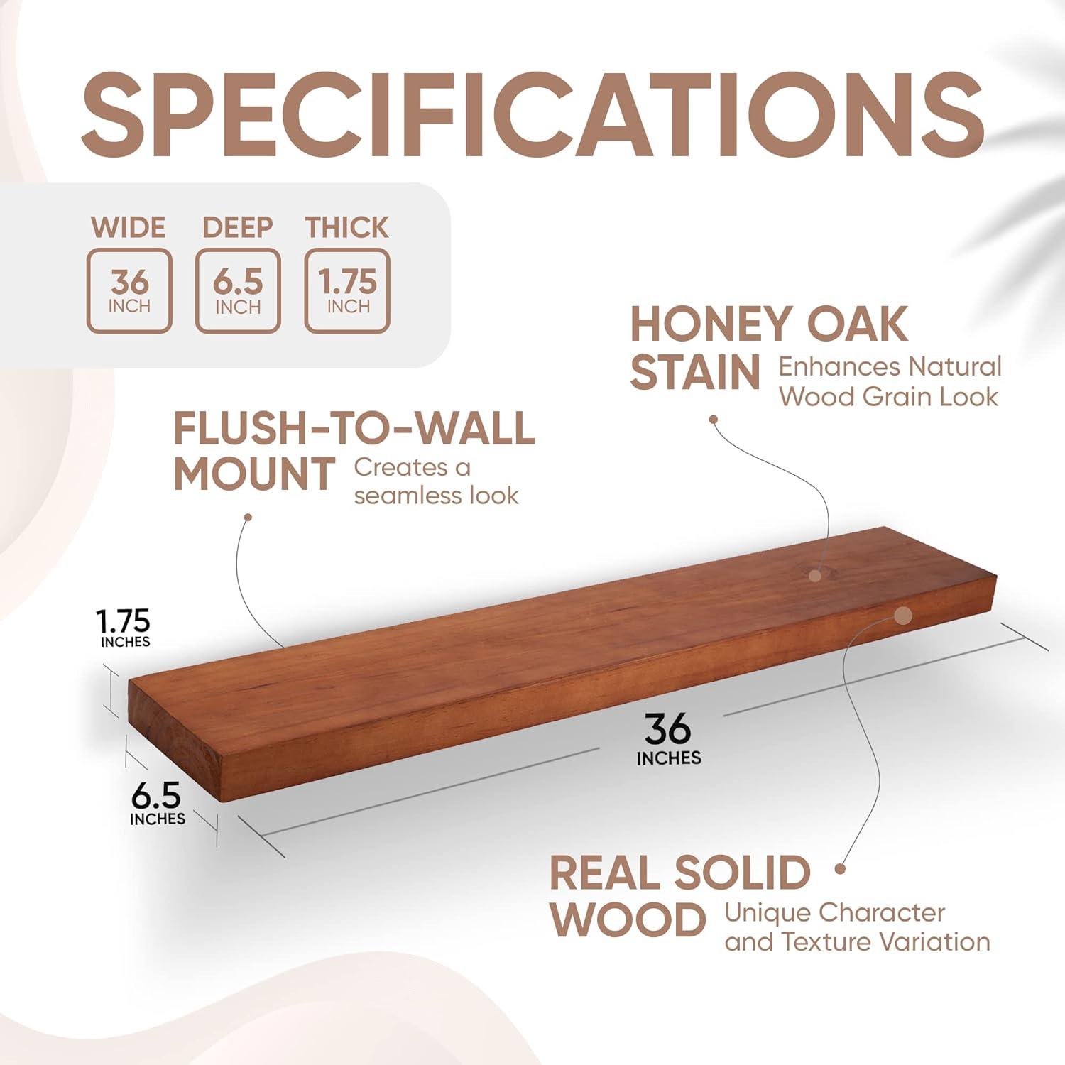 Honey Oak 36" Solid Pine Floating Wall Shelves Set