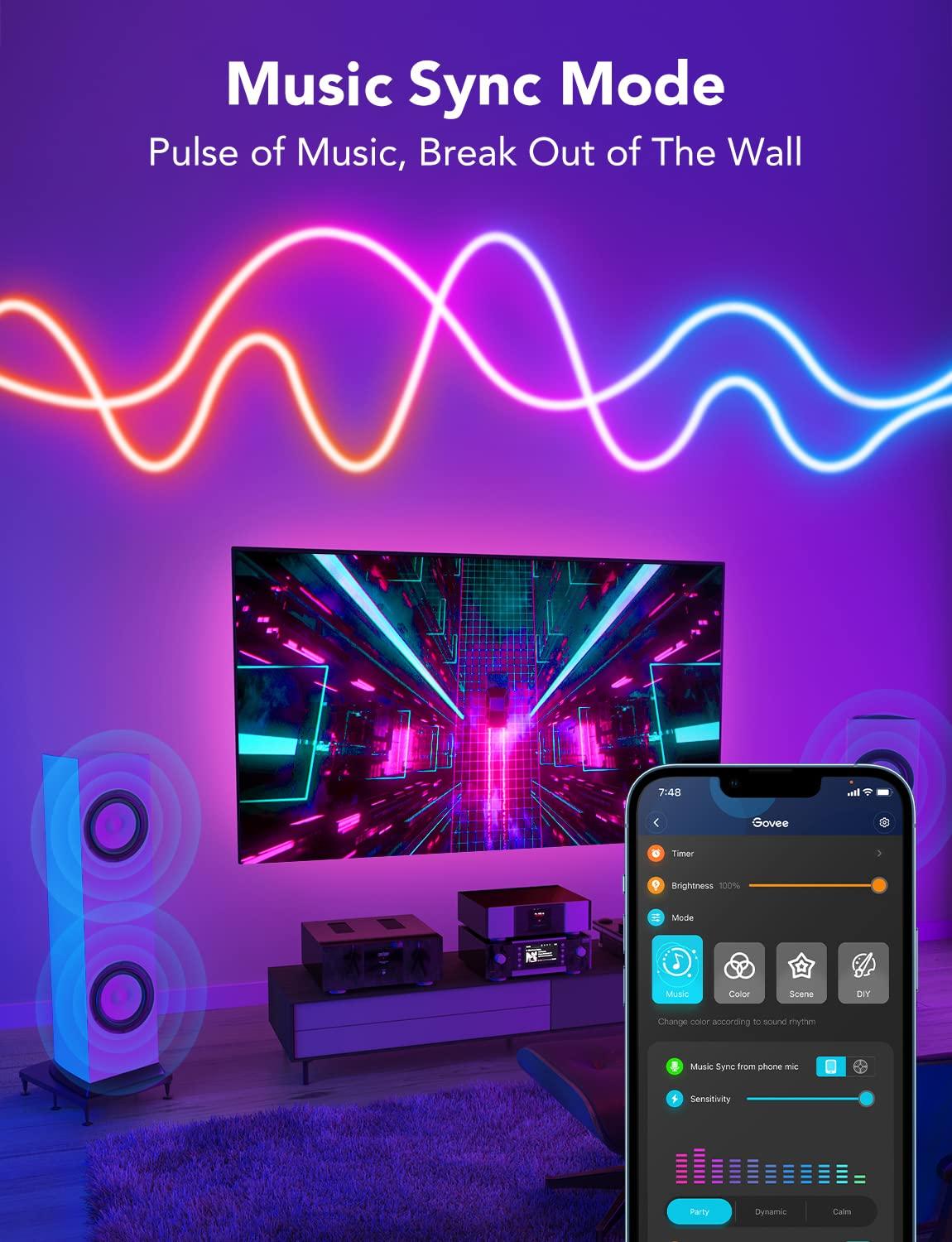 Govee RGBIC Neon Rope Light, 16.4ft LED Strip Lights, Music Sync, DIY Design, Works with Alexa, Google Assistant, Neon Lights for Gaming Room Living Bedroom Wall Decor (Not Support 5G WiFi)