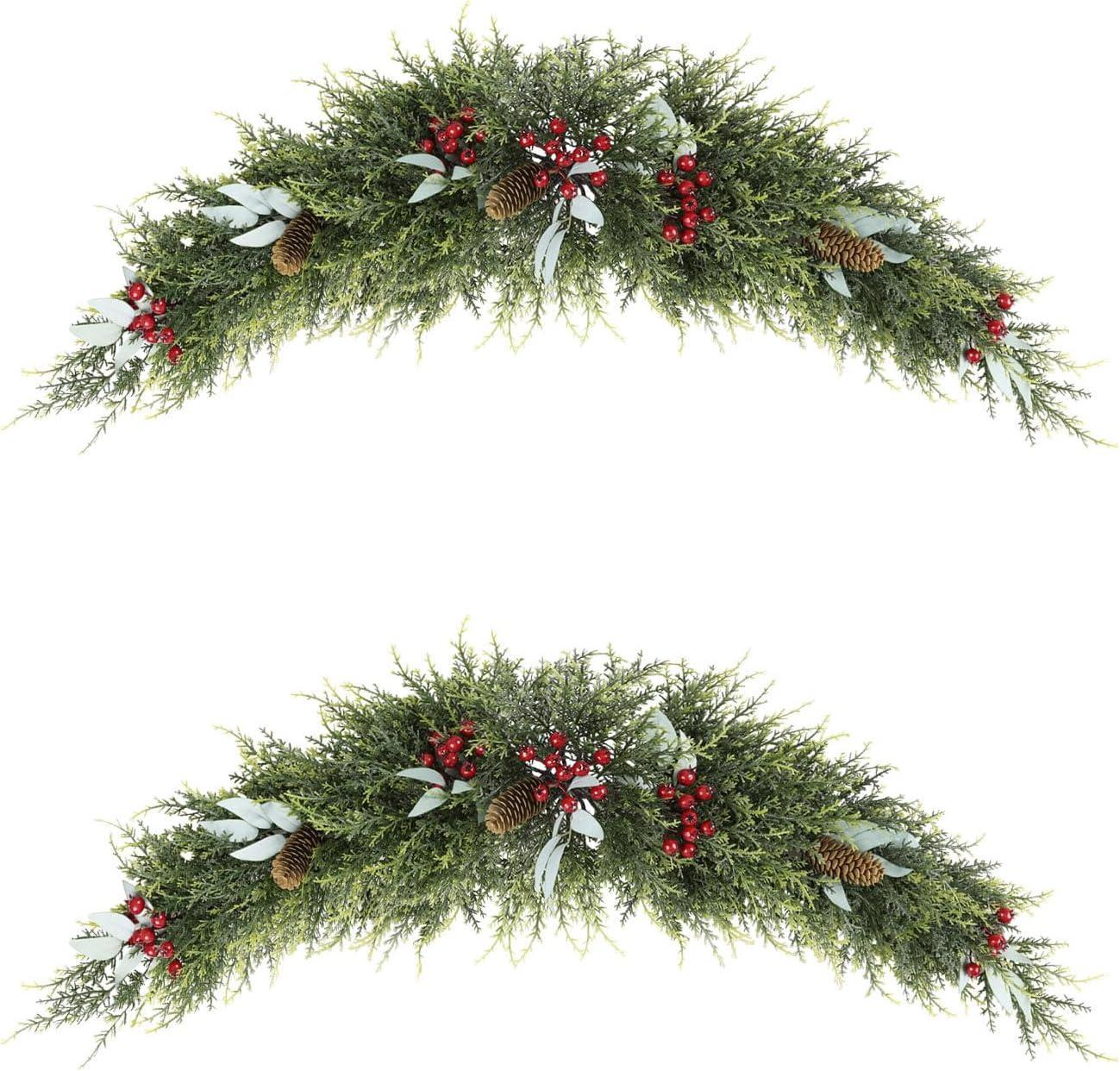 2PCS Christmas Swag For Front Door, 43" Artificial Decorative Swag Decoration With Pine Cone, Berries For Indoor & Outdoor Window Wall Fireplace Mantle Home Holiday Xmas Decor Swag