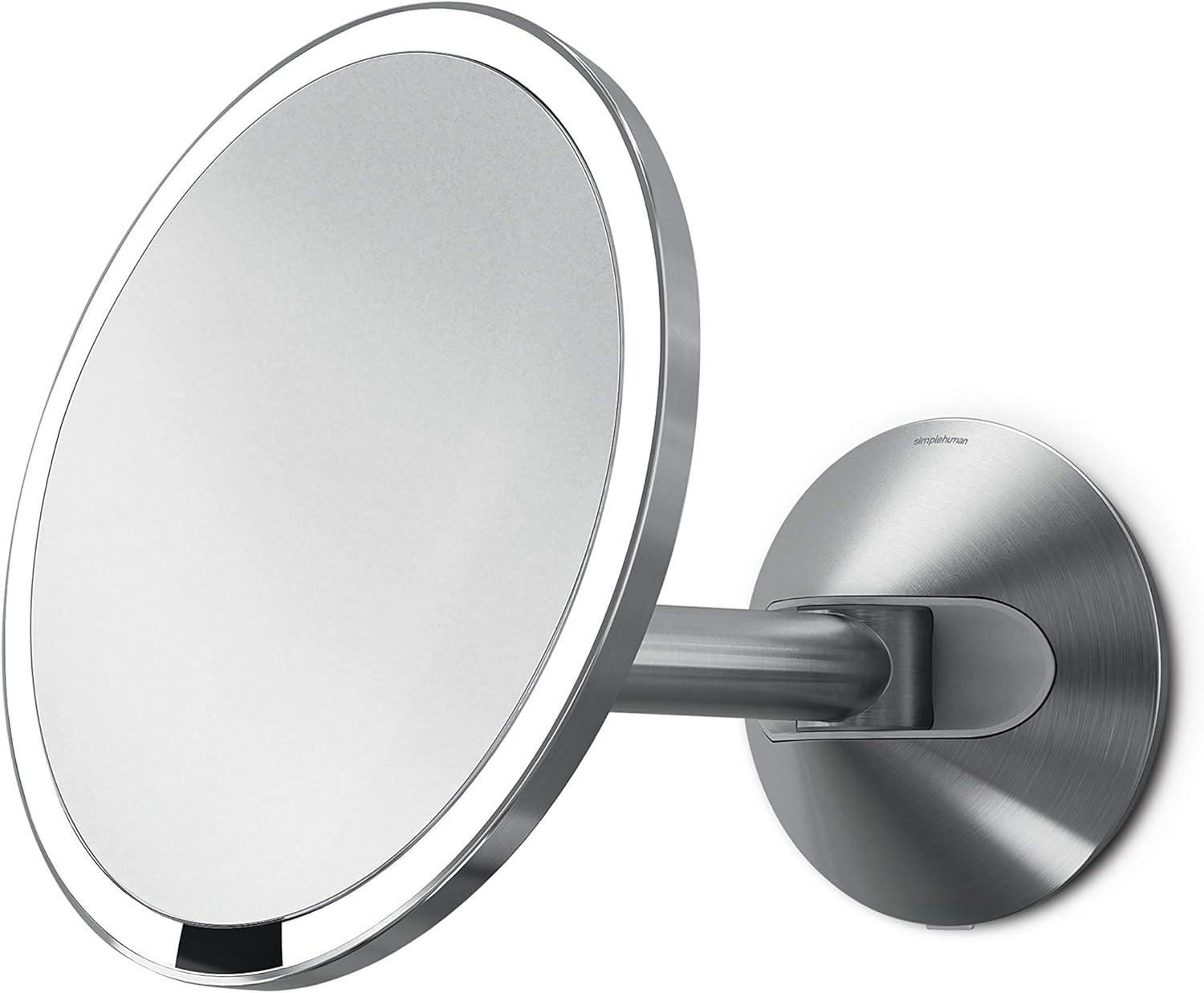 Simplehuman Brushed 8" Round Wall Mount Sensor Makeup Mirror, 5x Magnification, Hard-Wired