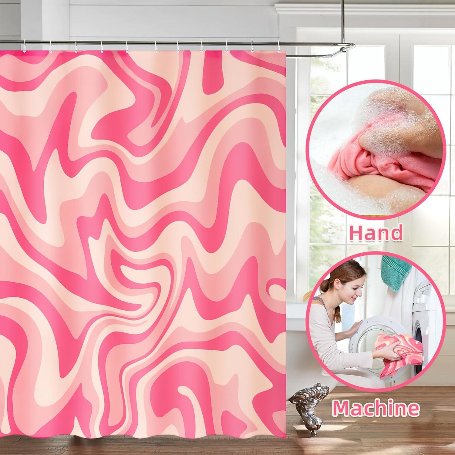 BSHAPPLUS Pink Shower Curtain with 12 Hooks,Boho Shower Curtain Waterproof Bathroom Shower Curtains for Home Hotel Decor Bathroom Curtains 71x71 Inch