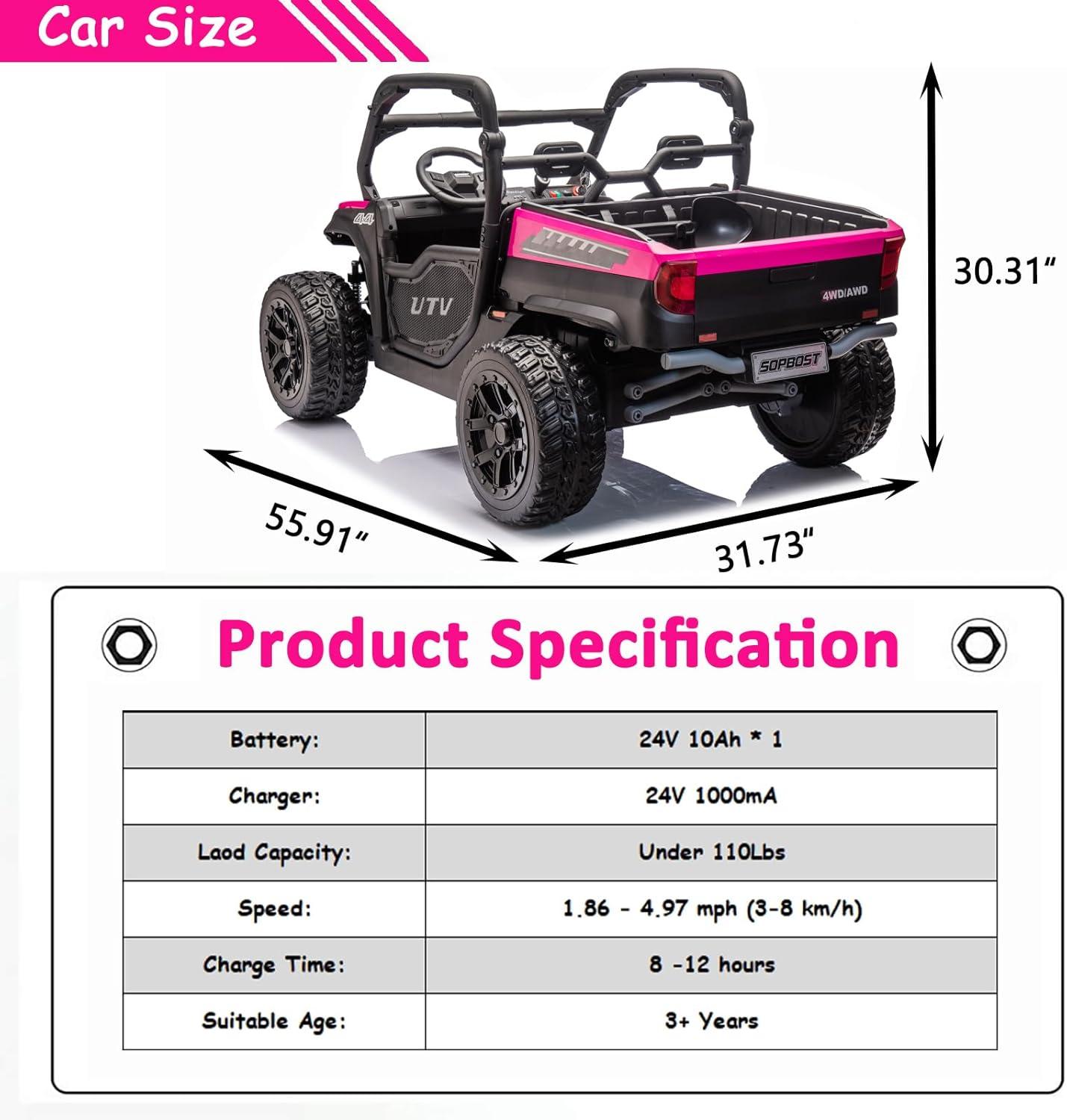 24V Kids Ride on Dump Truck with Remote Control, 2 Seater Powered 4-Wheel UTV Toys, 2x200W Ride on Tractor Car w/ Electric Dump Bed, Shovel, Bluetooth Music, Pink