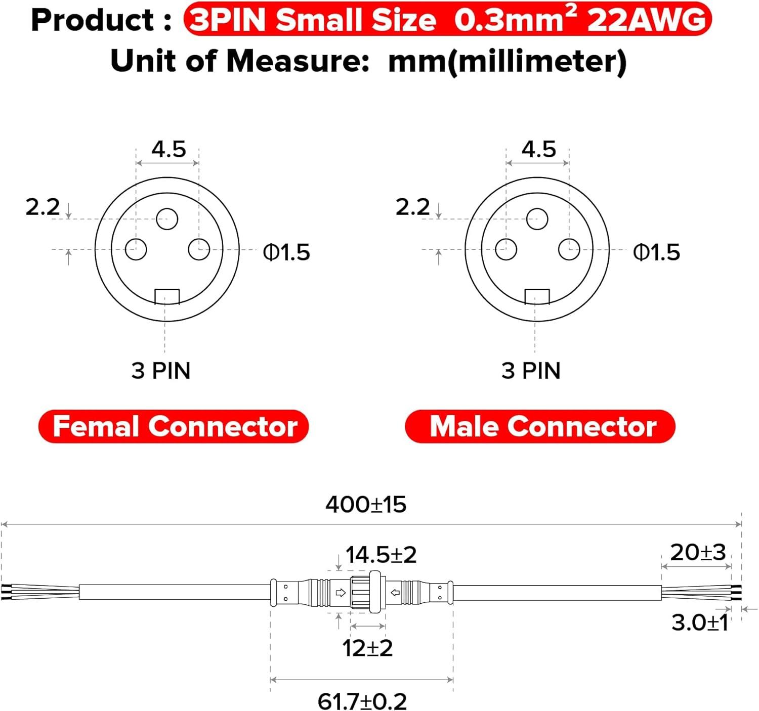 BTF-LIGHTING 3 Pin Electrical Connector 22AWG IP65 Male Female Connector 7.87in/20cm Extension Cable for Car,Truck,Boat,Indoor/Outdoor LED Strip Lights/String 15mm Nut Small Size 5 Pairs