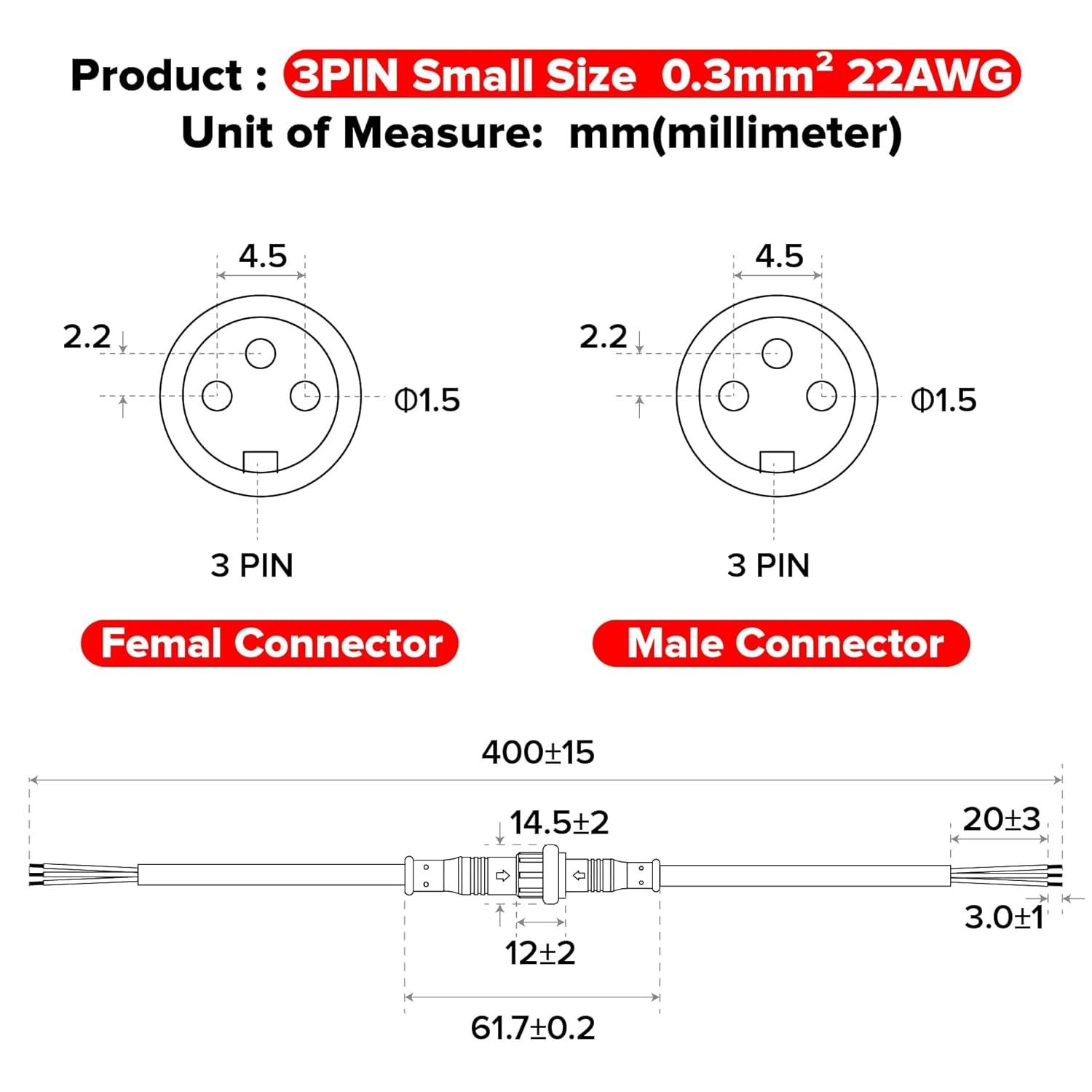 BTF-LIGHTING 3 Pin Electrical Connector 22AWG IP65 Male Female Connector 7.87in/20cm Extension Cable for Car,Truck,Boat,Indoor/Outdoor LED Strip Lights/String 15mm Nut Small Size 5 Pairs