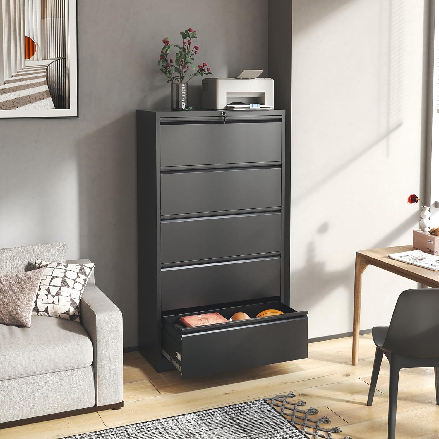 DeeHome 5 Drawer Metal Lateral File Cabinet , Black Filing Cabinet with Lock, Lockable File Cabinet for Home Office, Locking Metal File Cabinet for Legal/Letter/A4/F4 Size