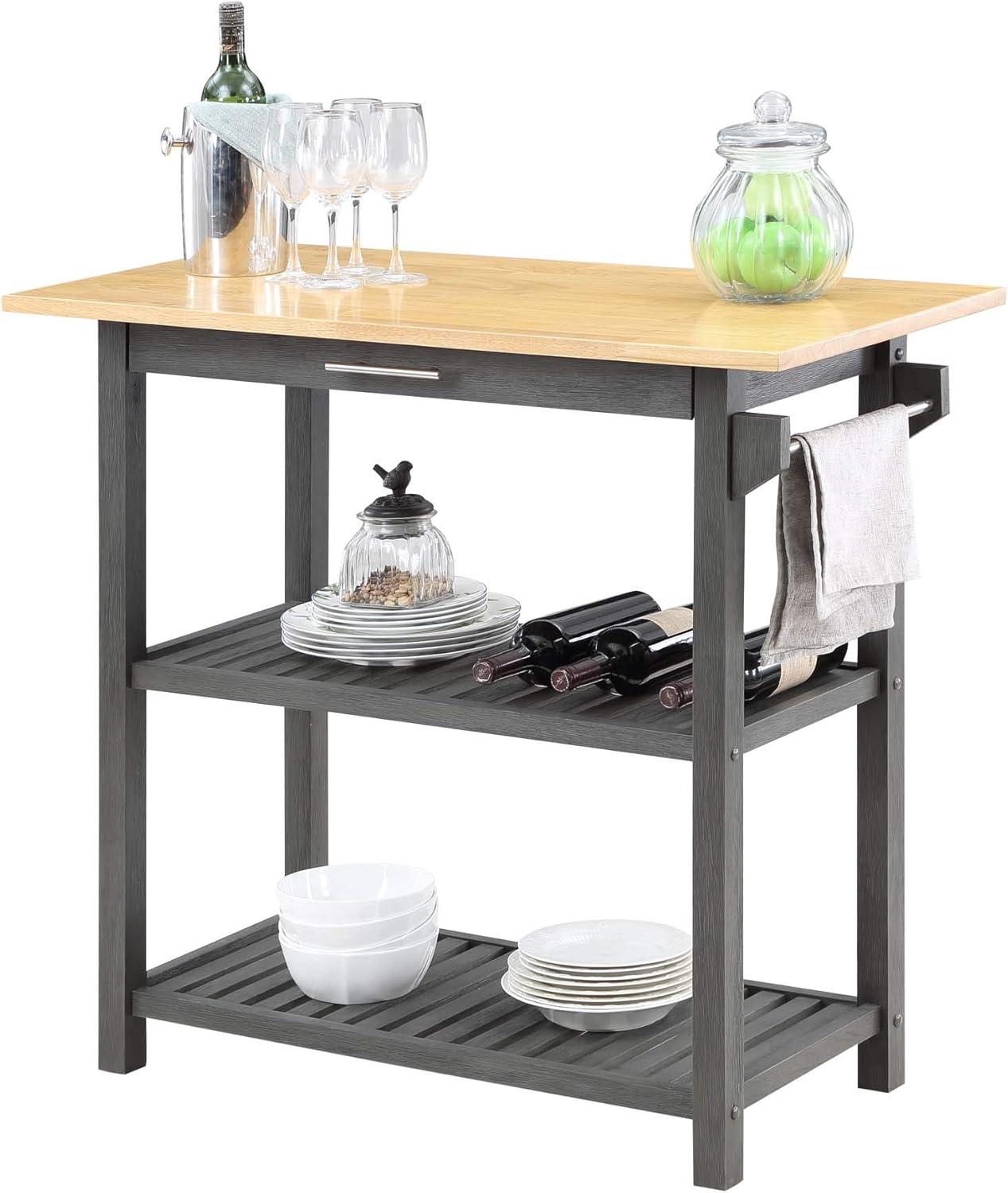 Convenience Concepts Designs2Go 3 Tier Butcher Block Kitchen Prep Island with Drawer, Wirebrush Dark Gray/Butcher Block