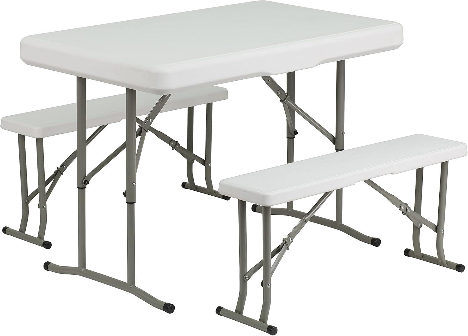 Granite White Metal Folding Table and Bench Set