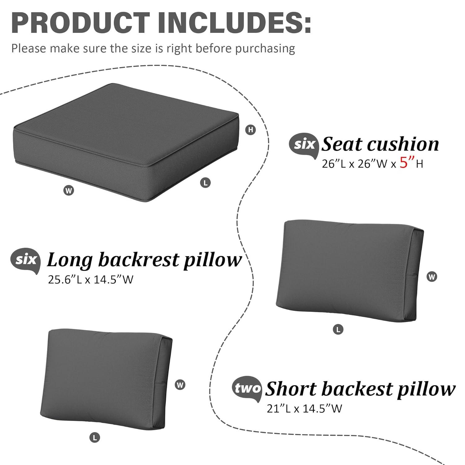 Kimunuk 14 Piece Outdoor Furniture Replacement Cushions, 5" Foam Foam High-Density, Fits 6-Seat Sectional Rattan Conversation Set, Patio Water-Resistant Sofa Cushions, Light Grey