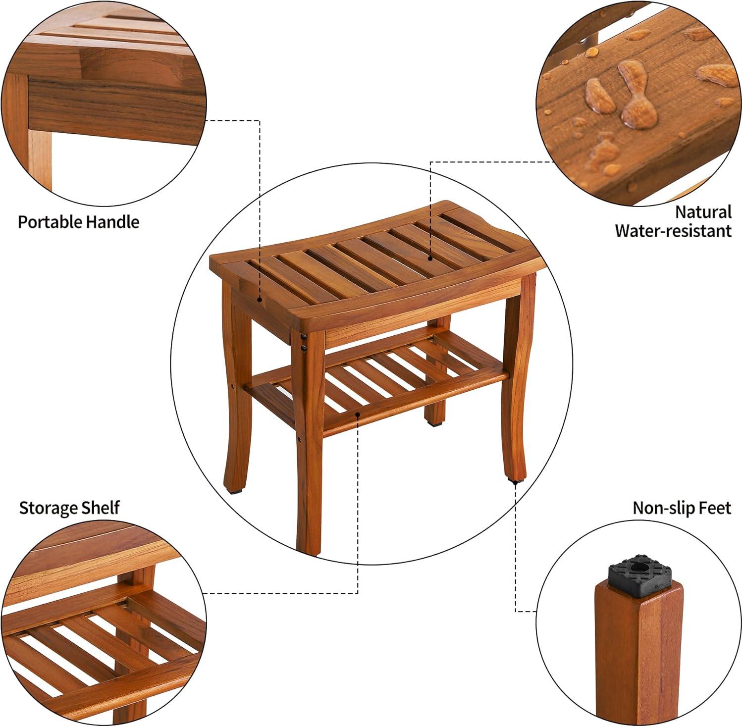 Teak Wood Shower Bench with Storage Shelf