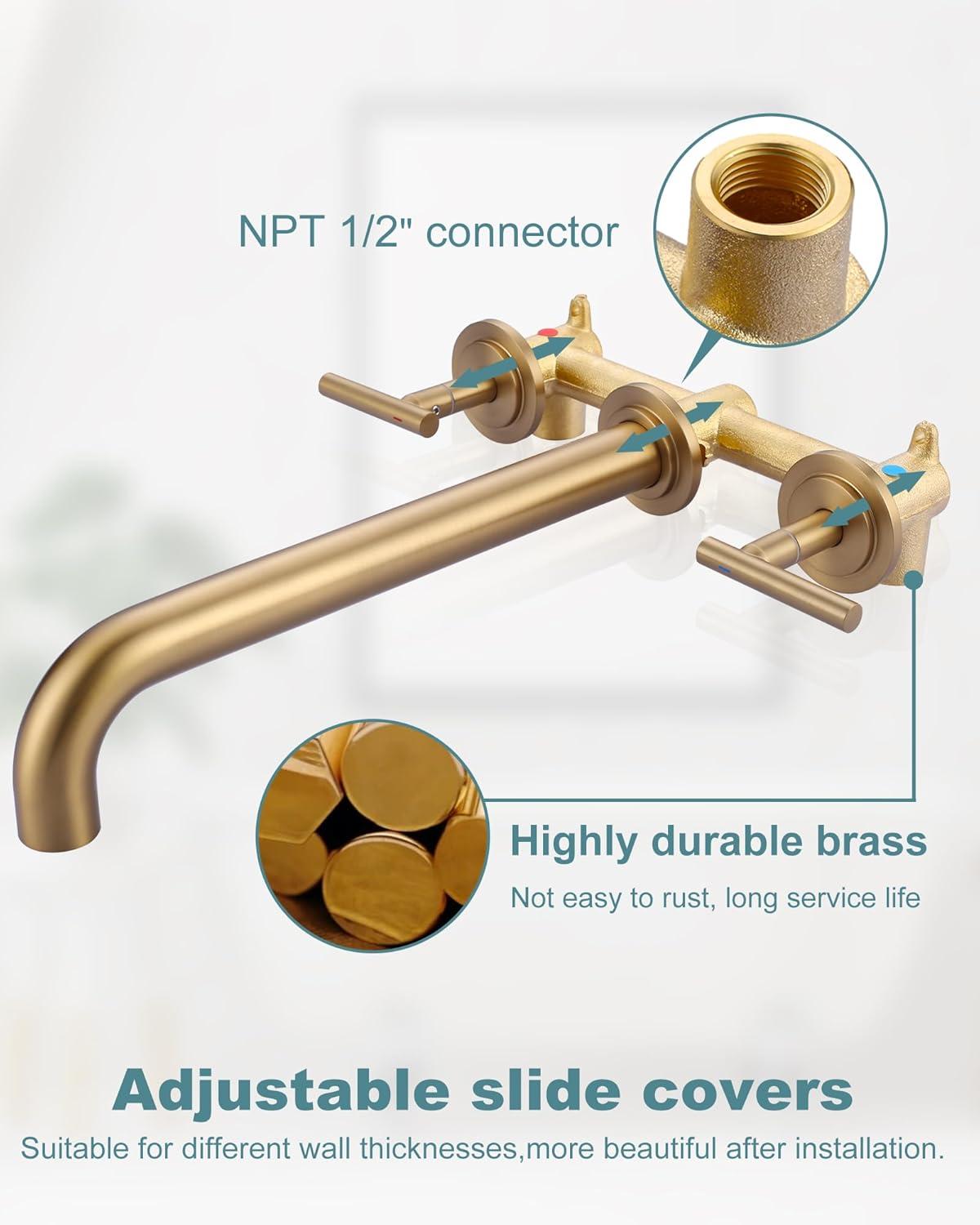 Double Handle Wall Mounted Bathroom Faucet in Solid Brass, Brused Gold