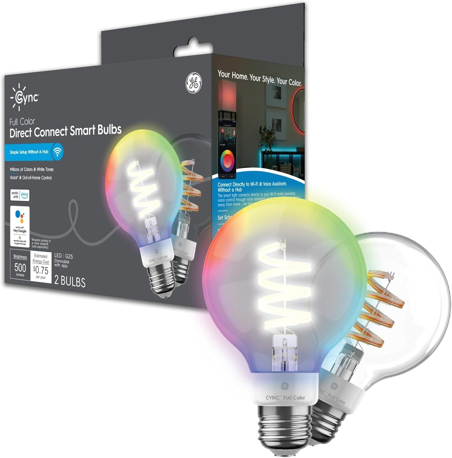 GE CYNC Smart LED Light Bulbs, G25 Globe Bulb, Room Décor Aesthetic, Color Changing Light Bulbs, 60W Equivalent, Works with Amazon Alexa and Google Home (2 Pack)