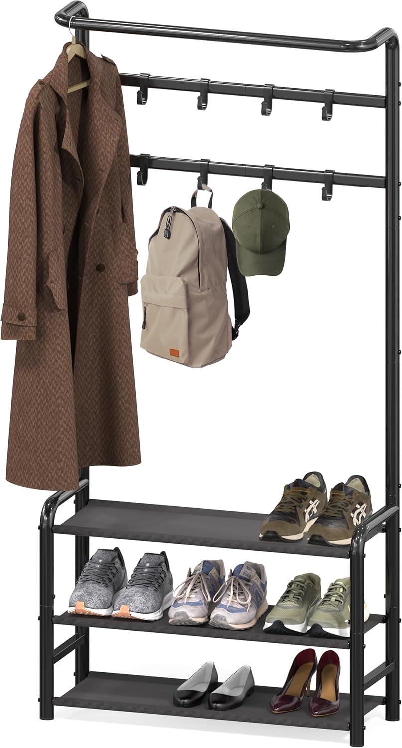 Simple Houseware Coat Rack with Storage Shelf and Shoe Rack for Entryway, Black
