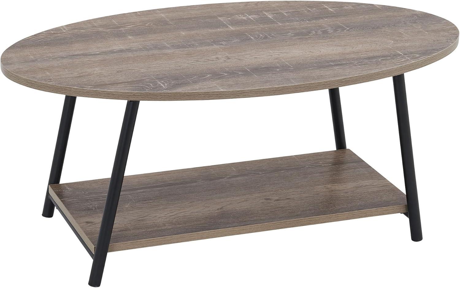 Household Essentials Jamestown Oval Coffee Table Ashwood: Modern Mid-Century Design, Iron Frame, Particle Board Surface, Lower Storage Shelf