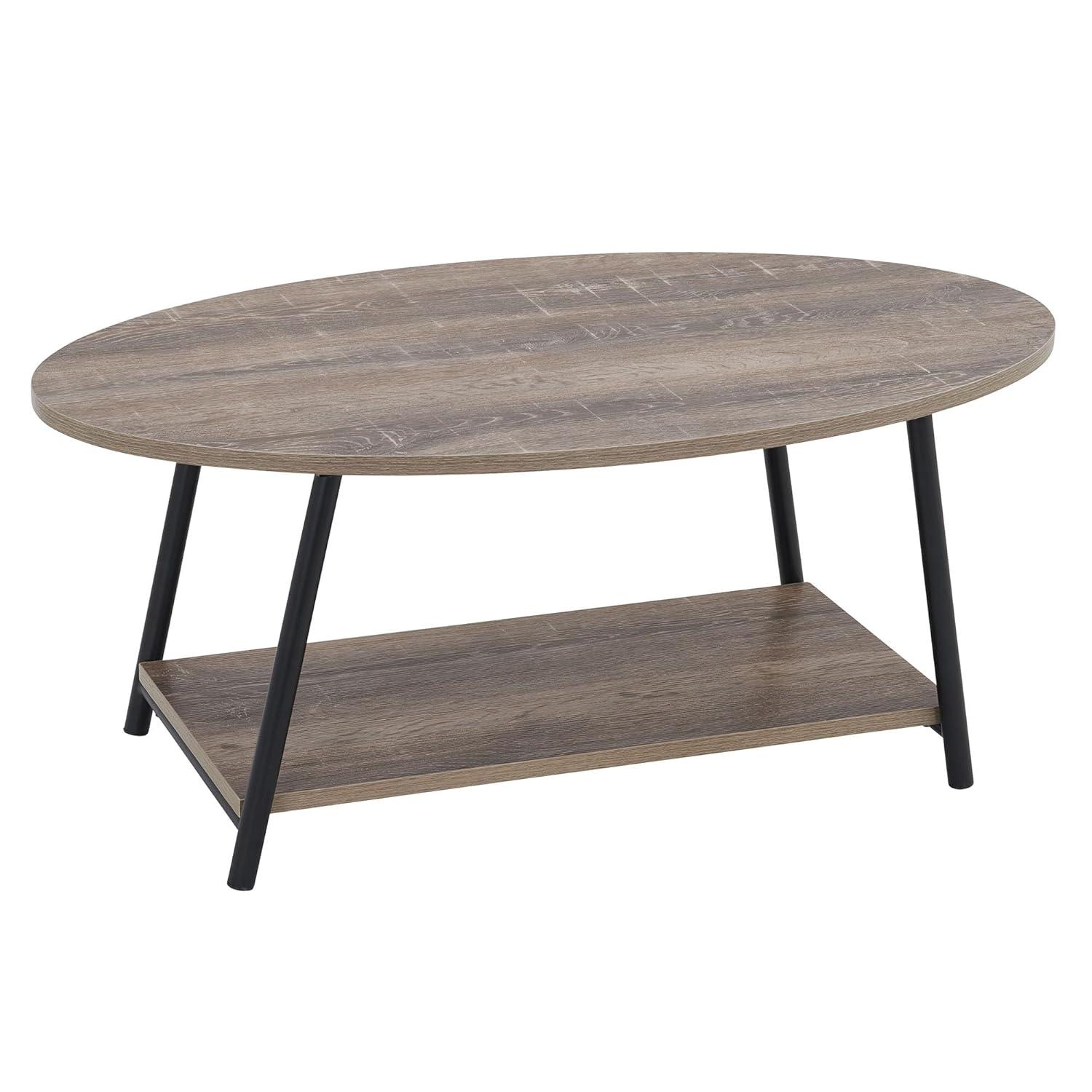 Household Essentials Jamestown Oval Coffee Table Ashwood: Modern Mid-Century Design, Iron Frame, Particle Board Surface, Lower Storage Shelf