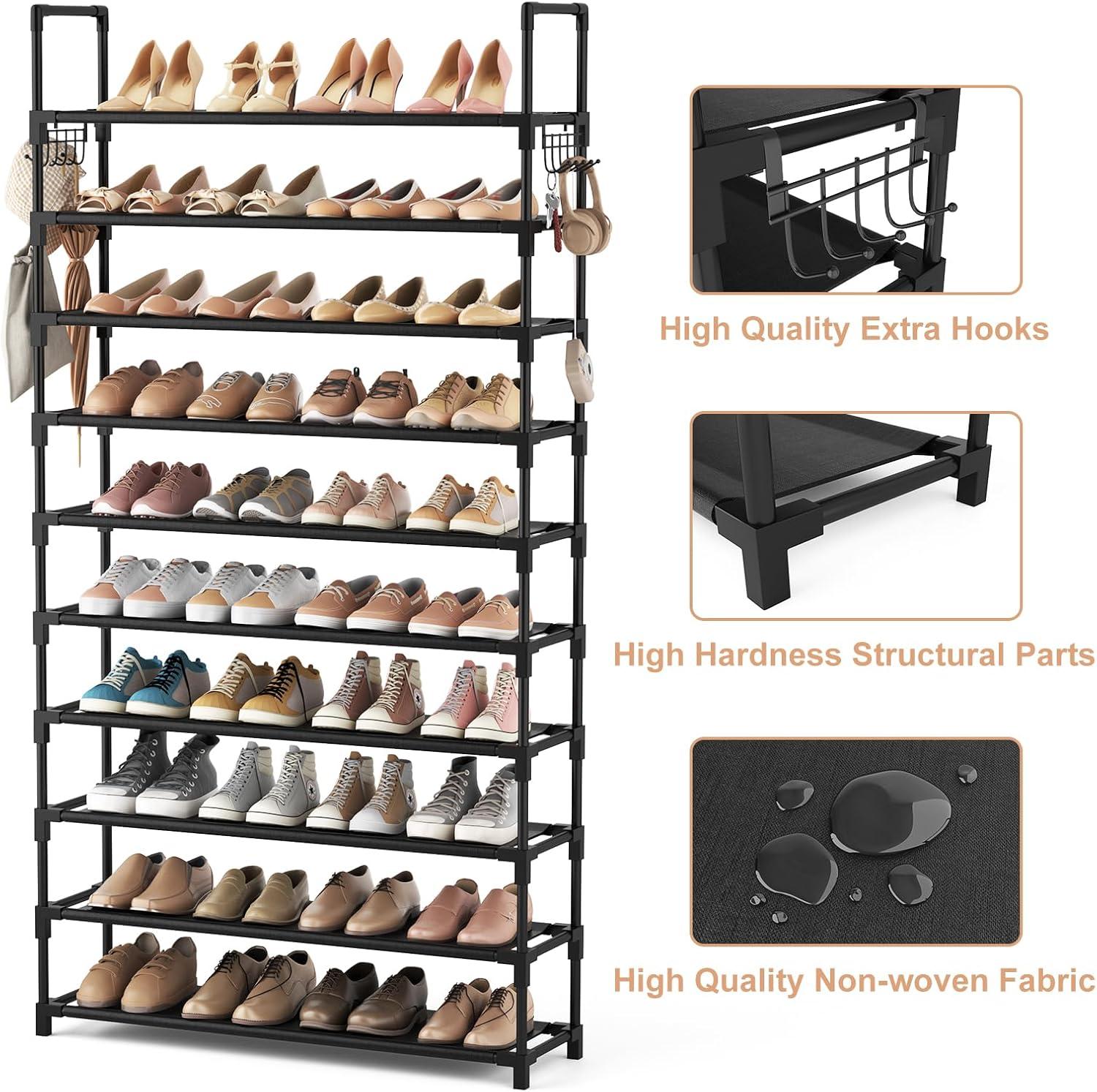 Black 10-Tier Metal and Fabric Shoe Rack with Hooks