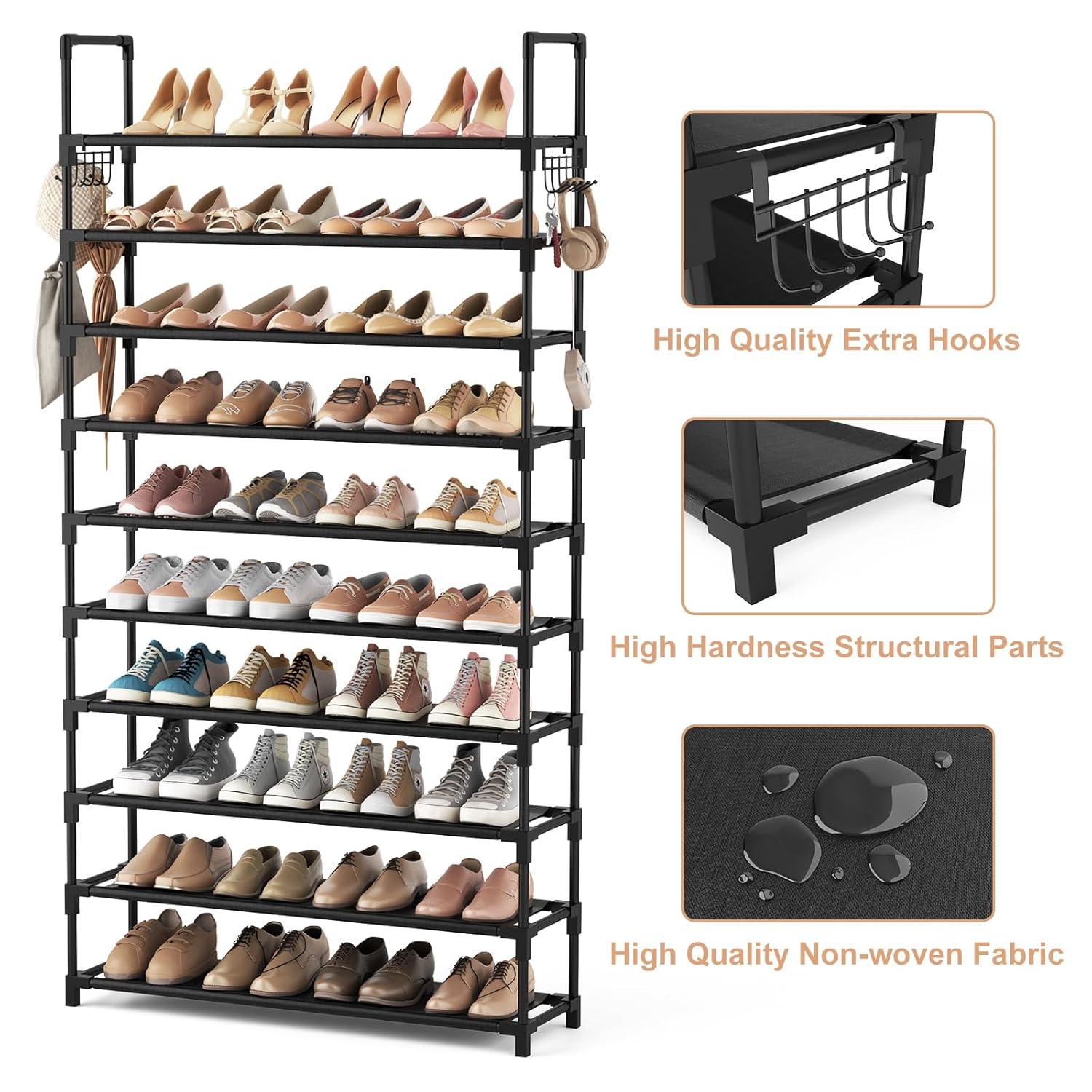 Rebrilliant The 10 Tiers Shoe Rack Tall Large Capacity 50 Pairs Wide Shoe Organizer with Two Hooks