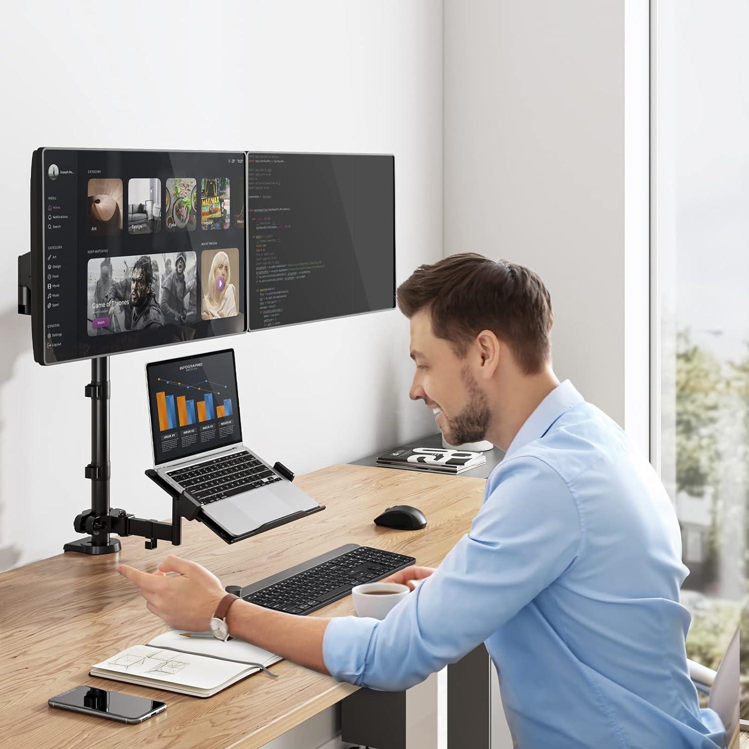 WALI Laptop Mount and Dual Monitor for Max 32" Monitor and 17" Laptop, Adjustable Spring Arm with Tilt, Swivel and Rotation, Dual Monitor and Notebook Stand with VESA 75/100mm(GSDM003LP), Black