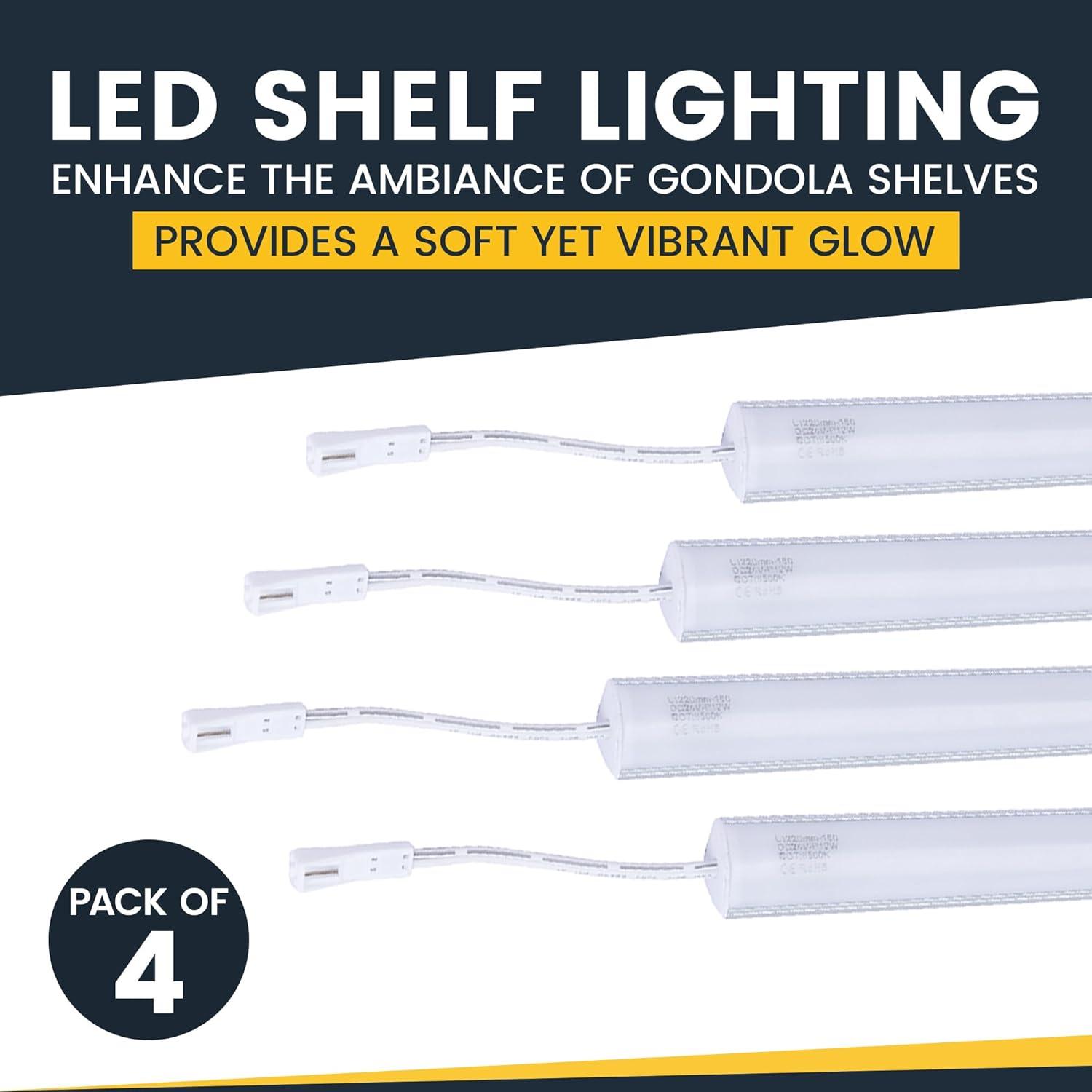 Gondola LED Shelf Lighting, 6500K Shelf LED Lights with Opalescent PC Cover, 50,000-Hour LED Shelf Lights for Supermarkets, Magnetic 4-ft Strip, 24V Adapter, 4-Pack Shelf Light, V-Shape