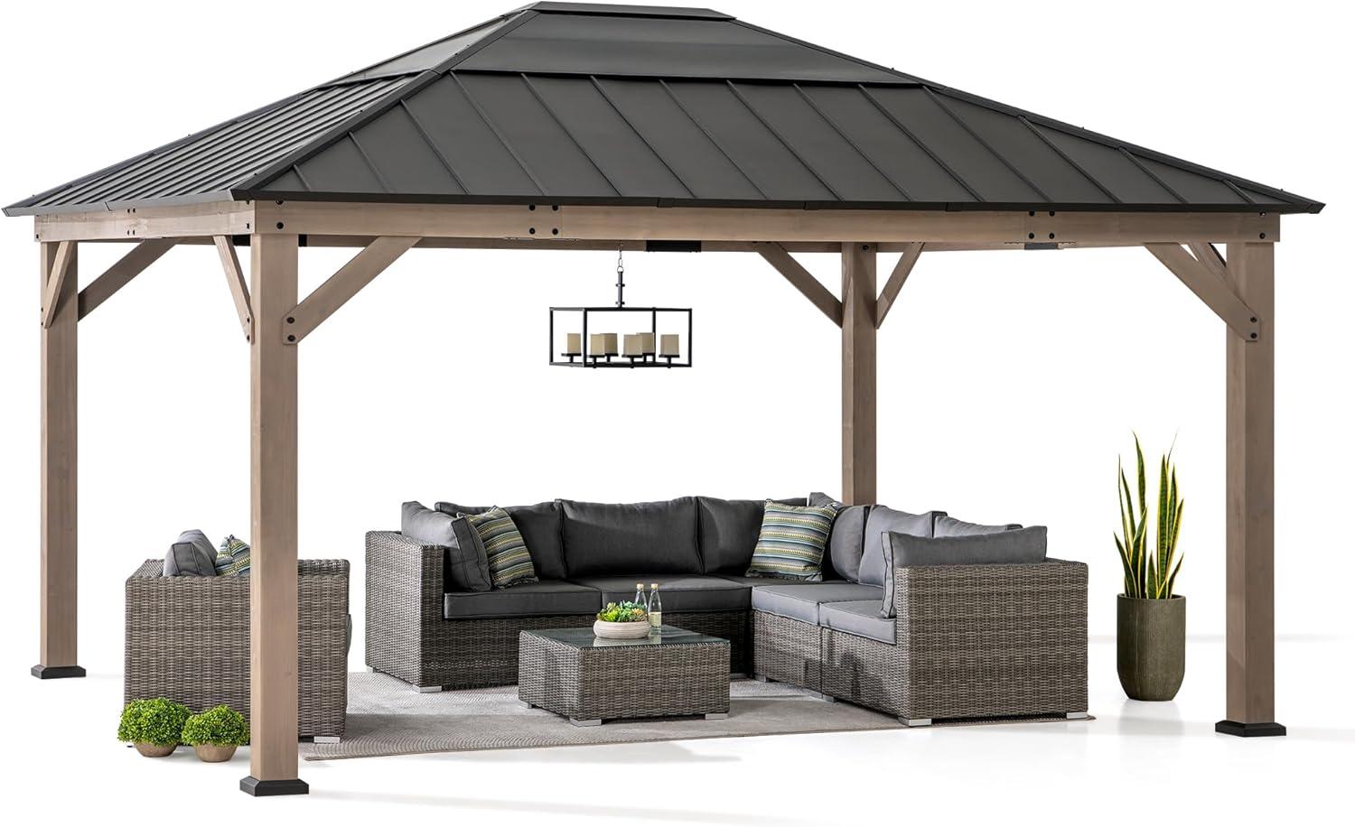 Sunjoy 13 x 15 ft Cedar Wood Gazebo with Dark Brown Steel Roof