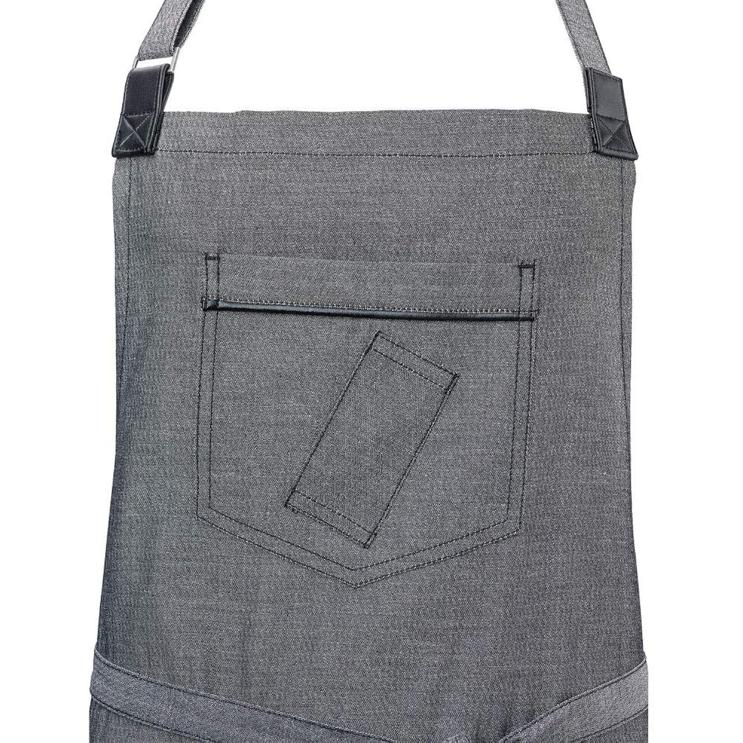 Mercer Culinary Metro Edge Renegade Bib Server Apron, Black Denim with Brown Leather Straps