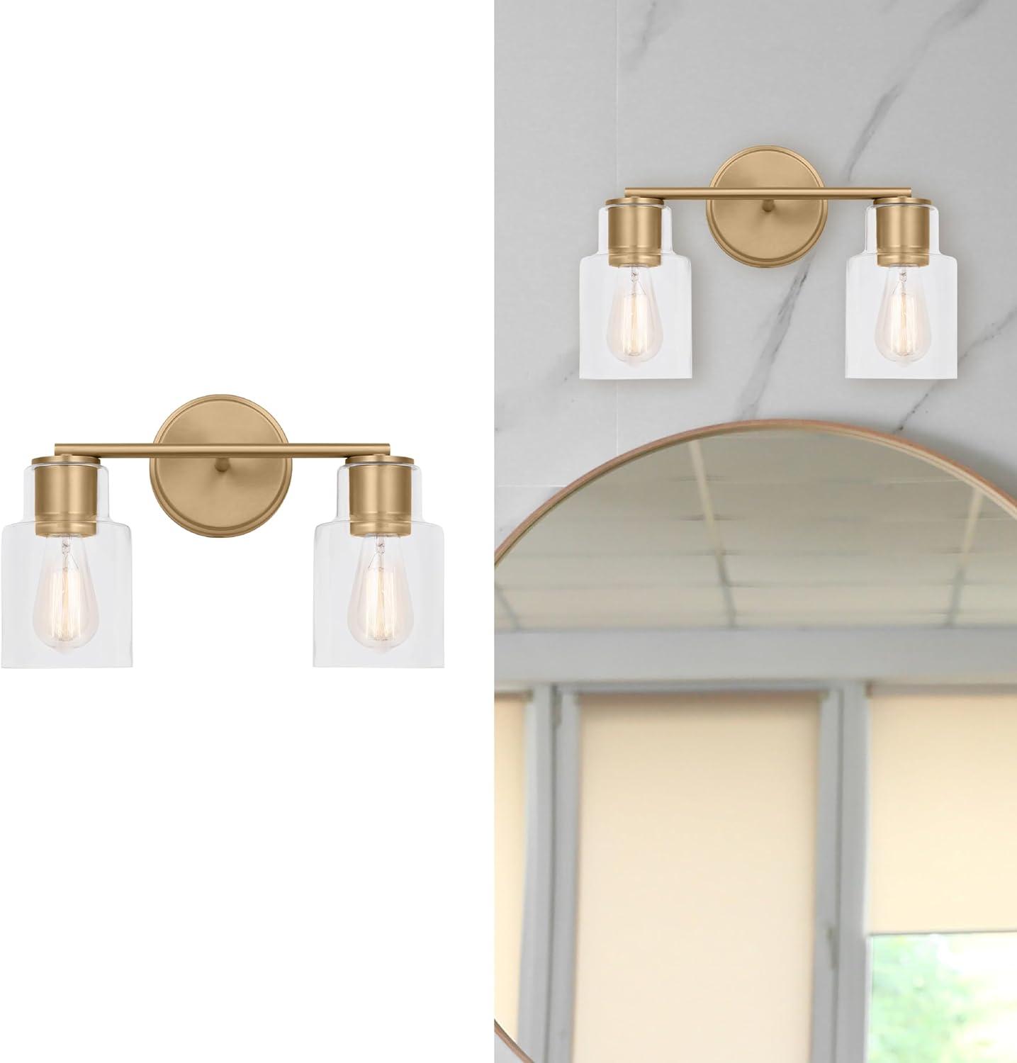 Satin Brass 2-Light Wall Sconce with Clear Glass Shades